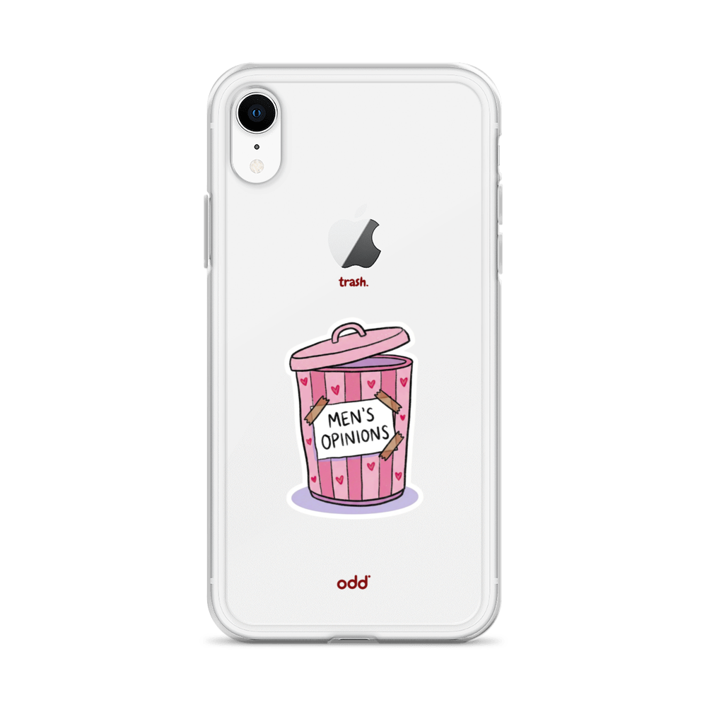 oddjuice trash case – clear iPhone case with pink "Men's Opinions" trash can graphic on back, back view, iPhone xr