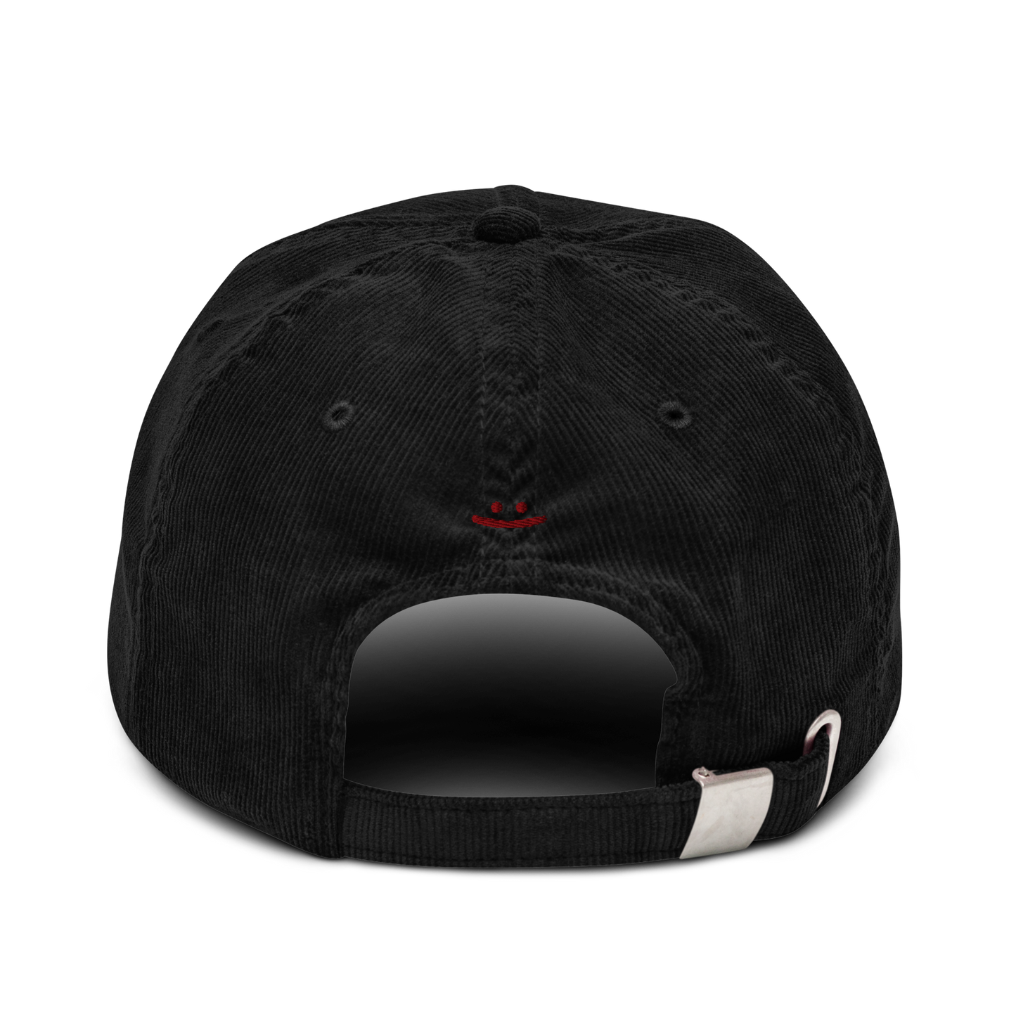 oddjuice trash cap – back view showing adjustable silver buckle strap on black cap and small embroidered smiley