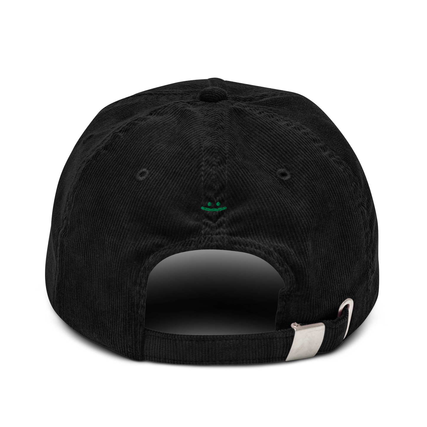 Black corduroy cap, back view – ":)" embroidery, silver adjustable buckle strap