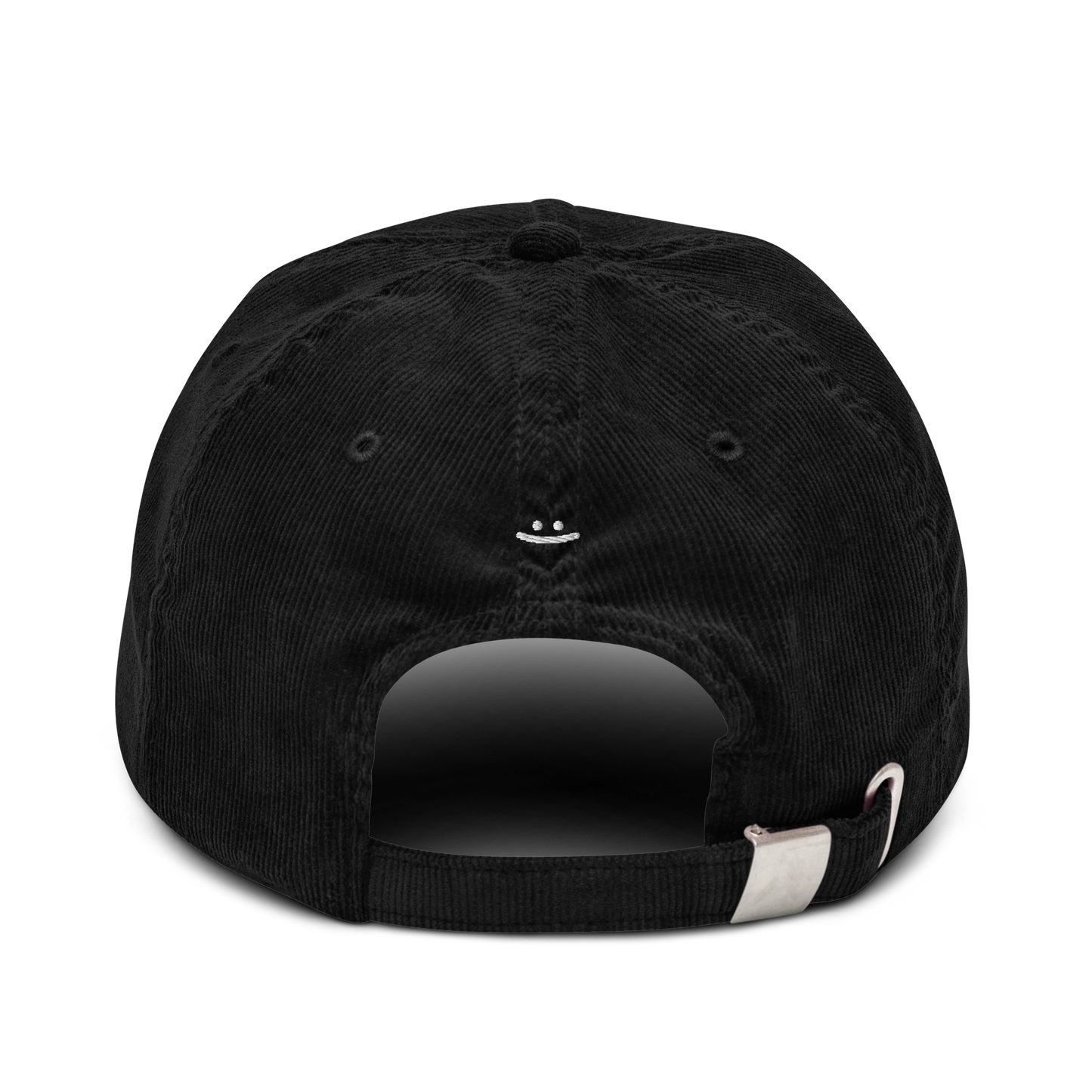 Black corduroy cap, back view - ":)" embroidery, silver adjustable buckle strap