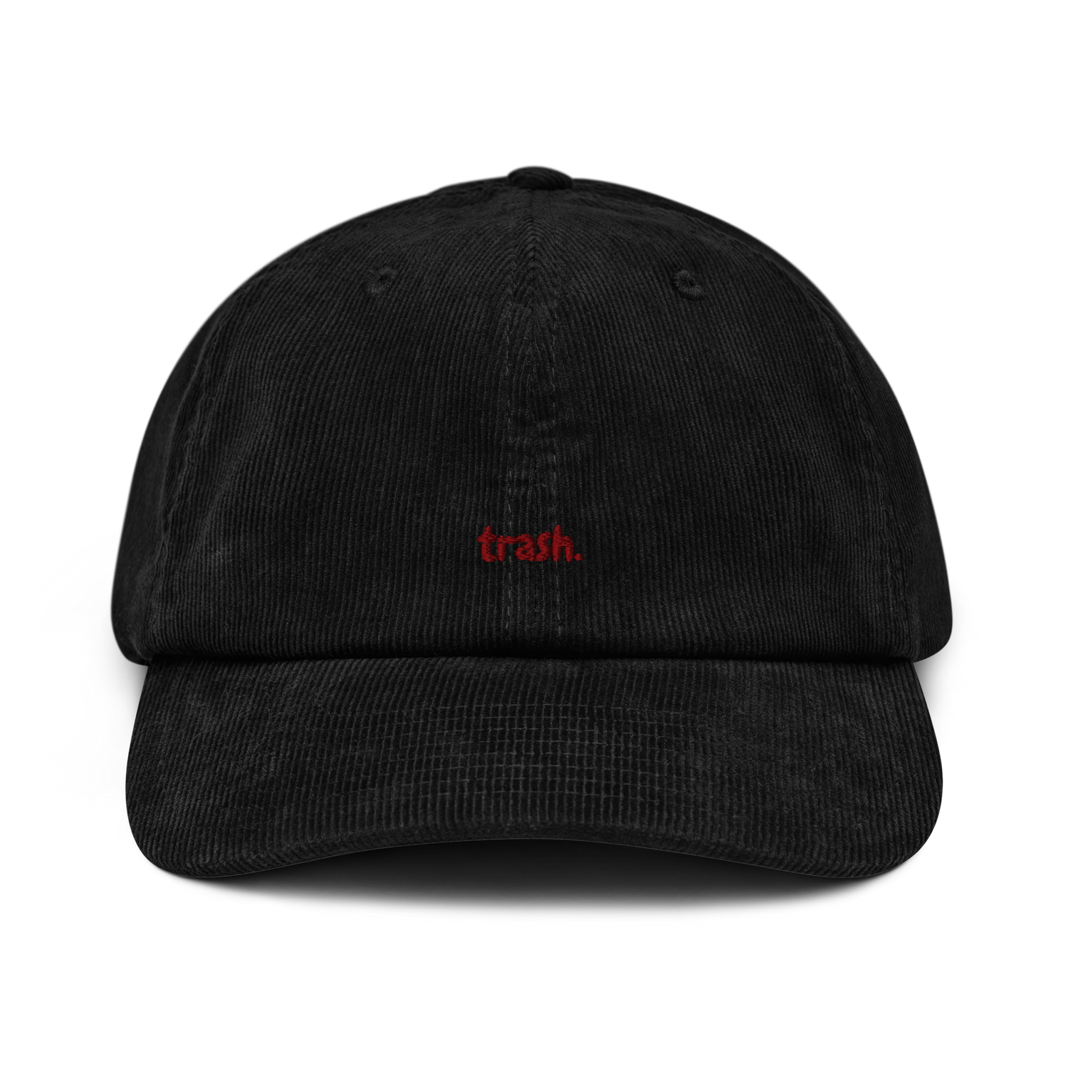 oddjuice trash cap – black corduroy 6-panel dad cap with small red "trash" embroidery on front, front view