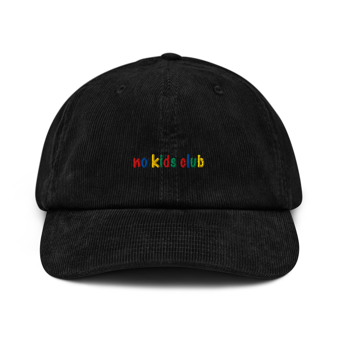 Black corduroy cap, front view – "no kids club" multicolor embroidery on crown
