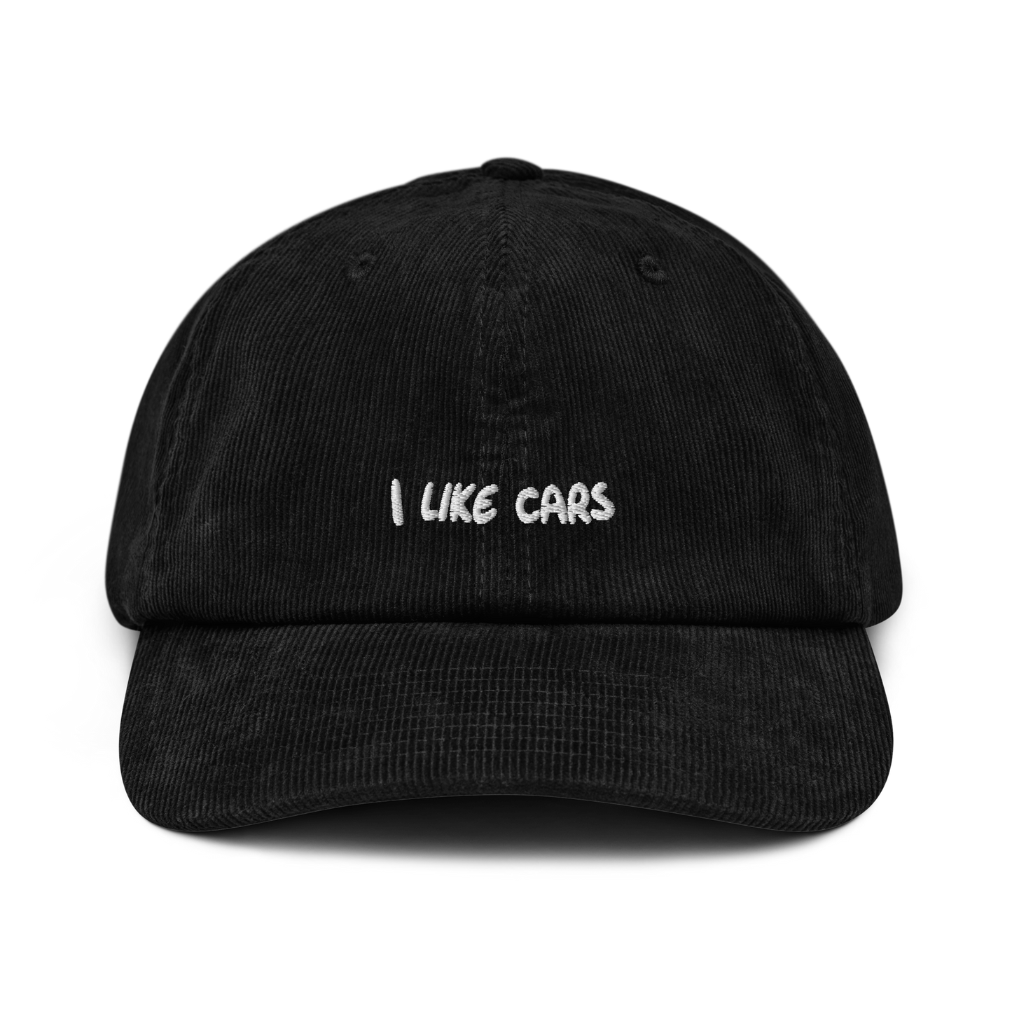 Black corduroy cap, front view - "I like cars" white embroidery on crown