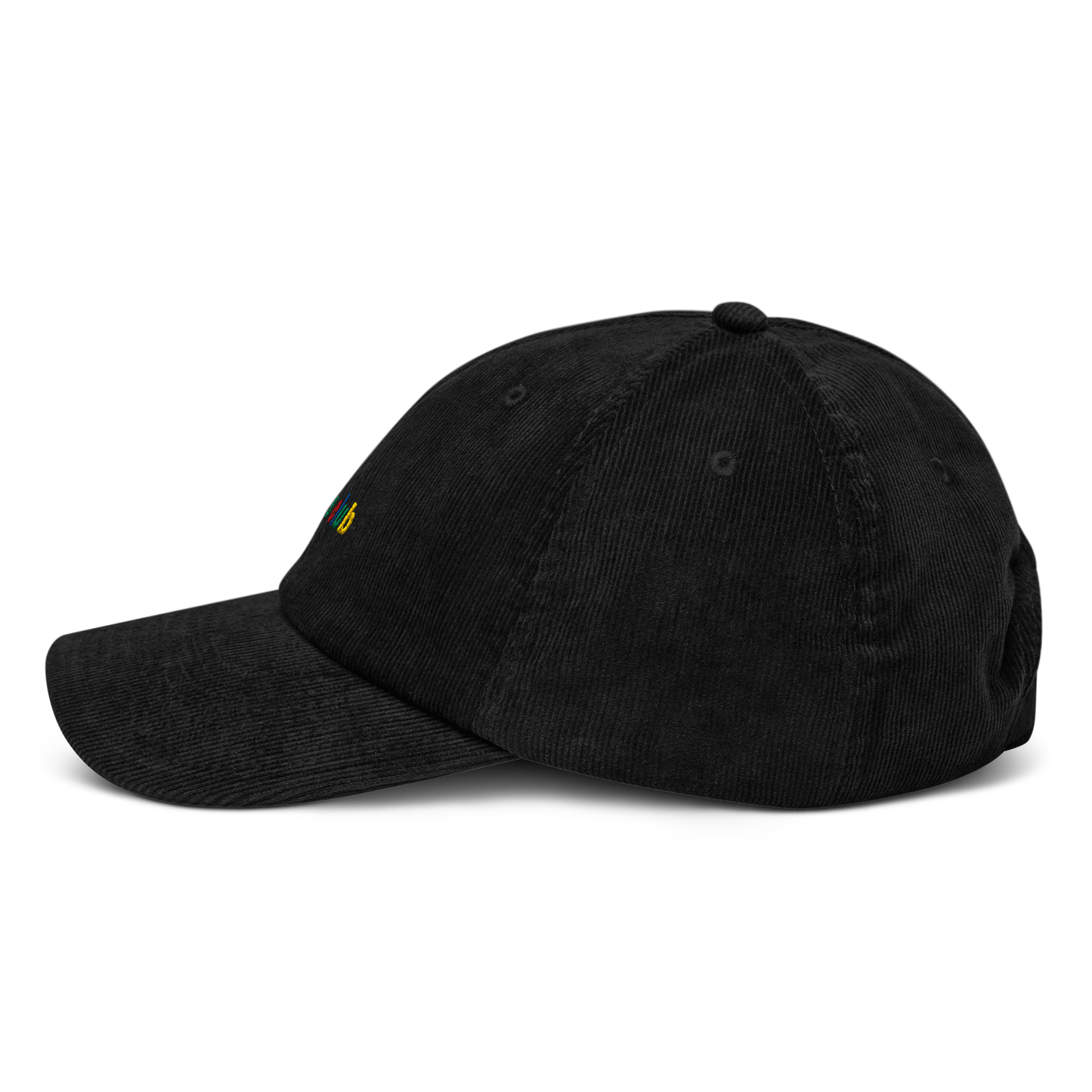 Black corduroy cap, side view left – unstructured crown, corduroy texture