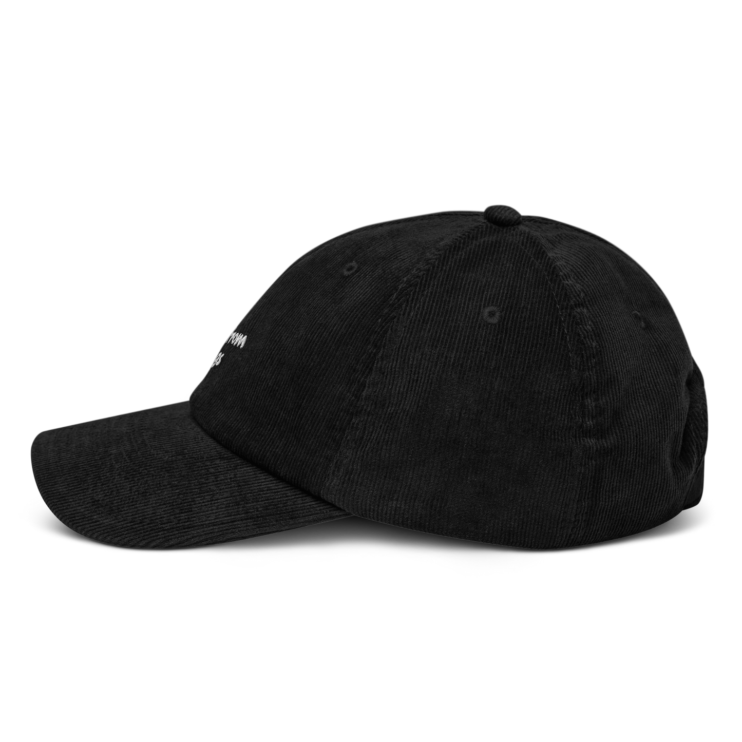 Black corduroy cap, side view left - unstructured crown, corduroy texture