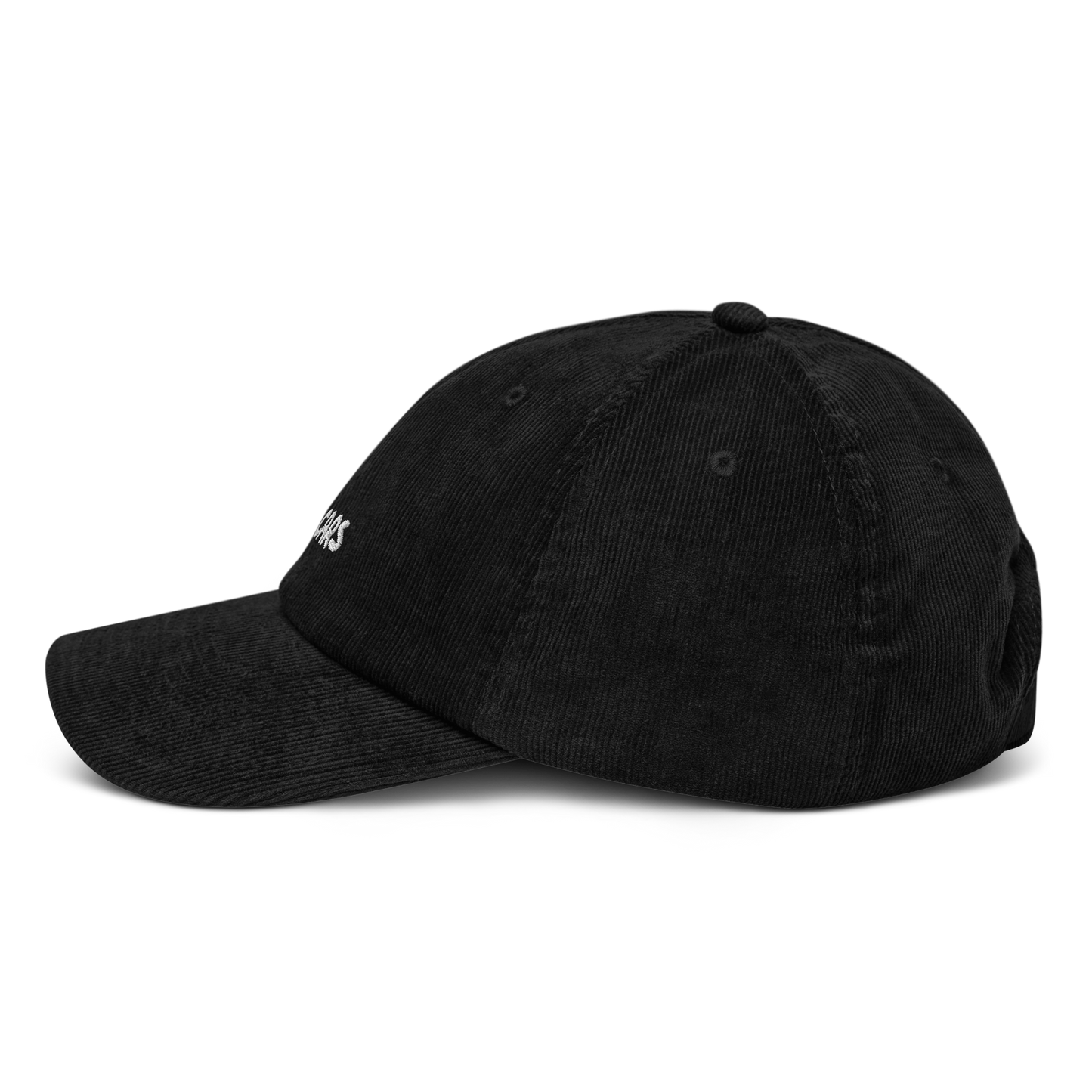 Black corduroy cap, side view left - unstructured crown, corduroy texture