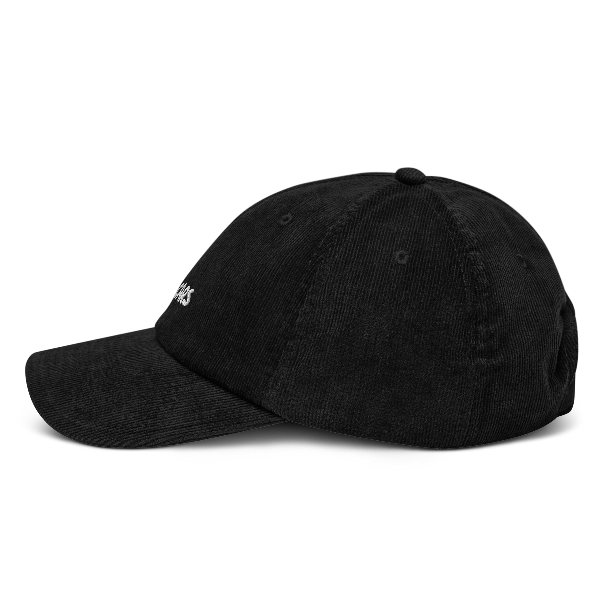 Black corduroy cap, side view left - unstructured crown, corduroy texture