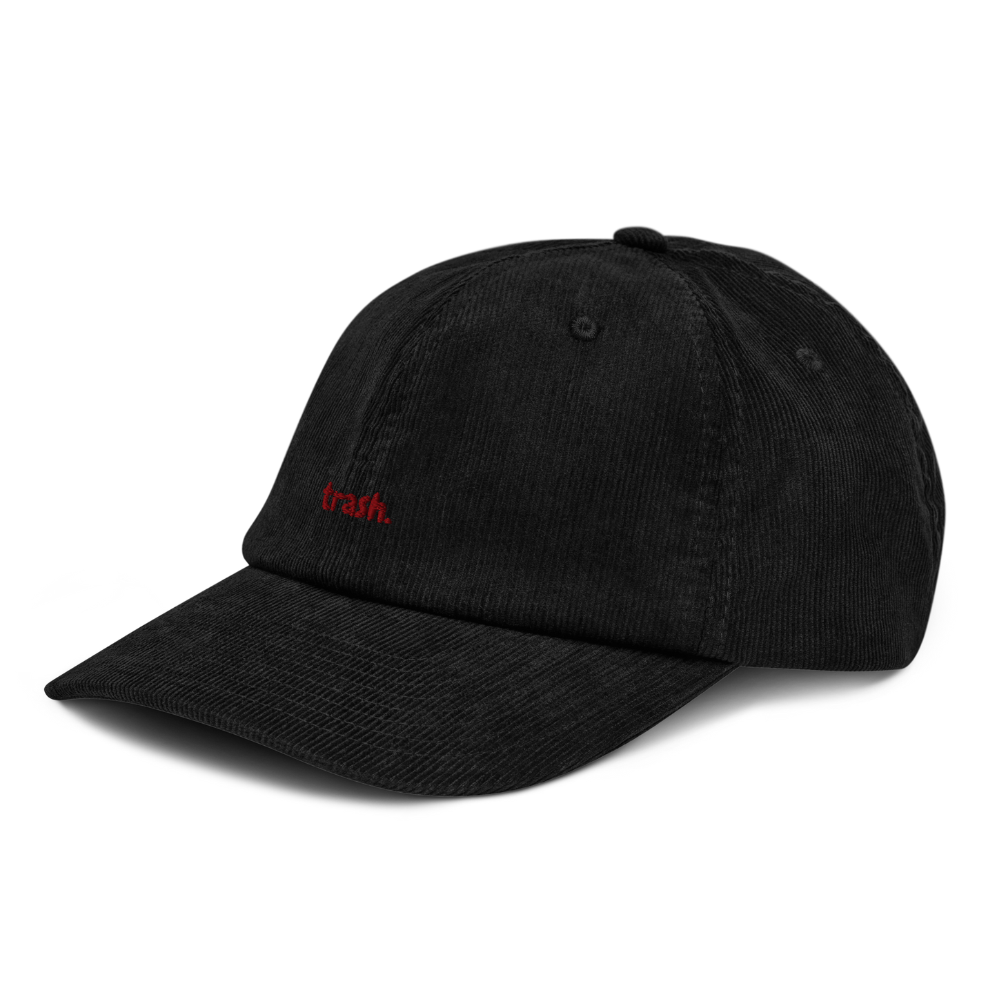oddjuice trash cap – three-quarter view showing red trash embroidery and cap profile