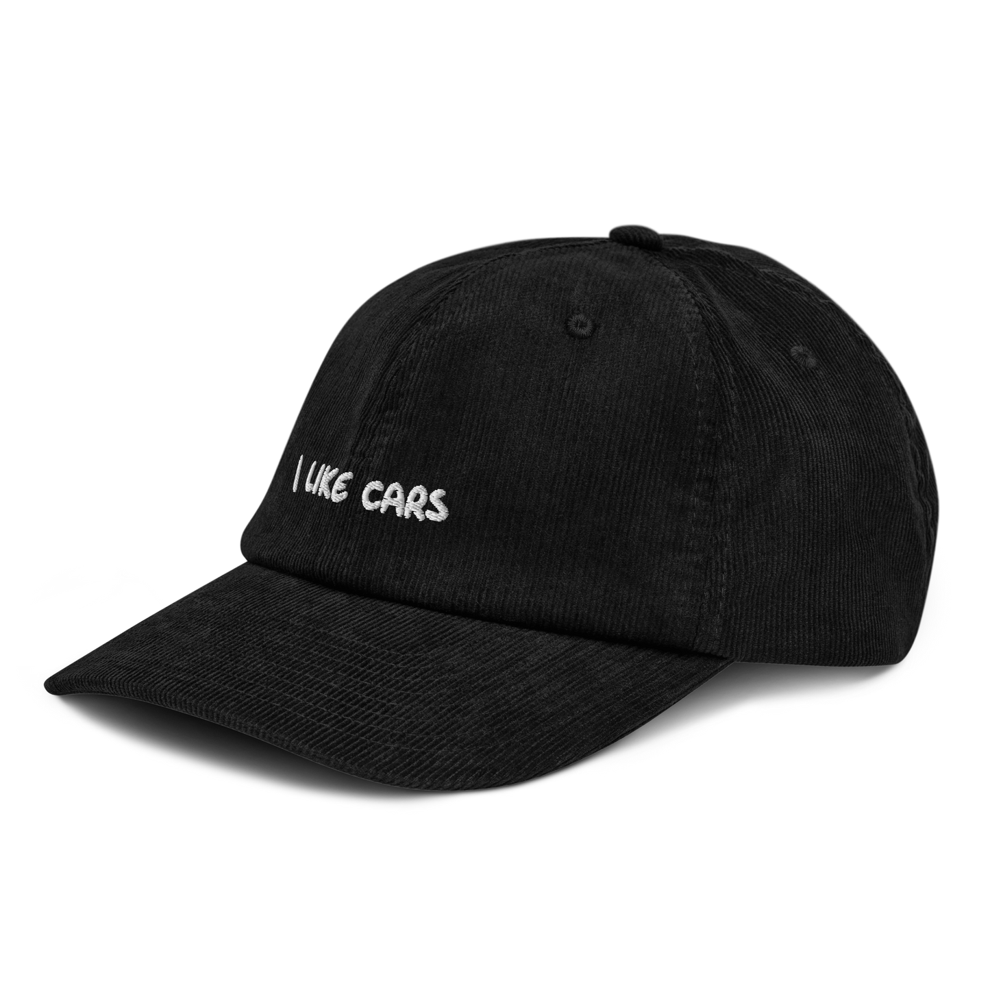 Black corduroy cap, three-quarter front view - "I like cars" embroidery detail