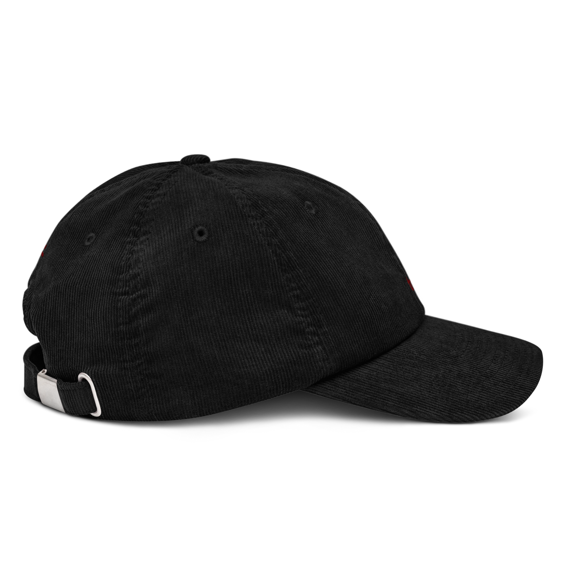 oddjuice trash cap – side view, black corduroy texture and unstructured soft crown