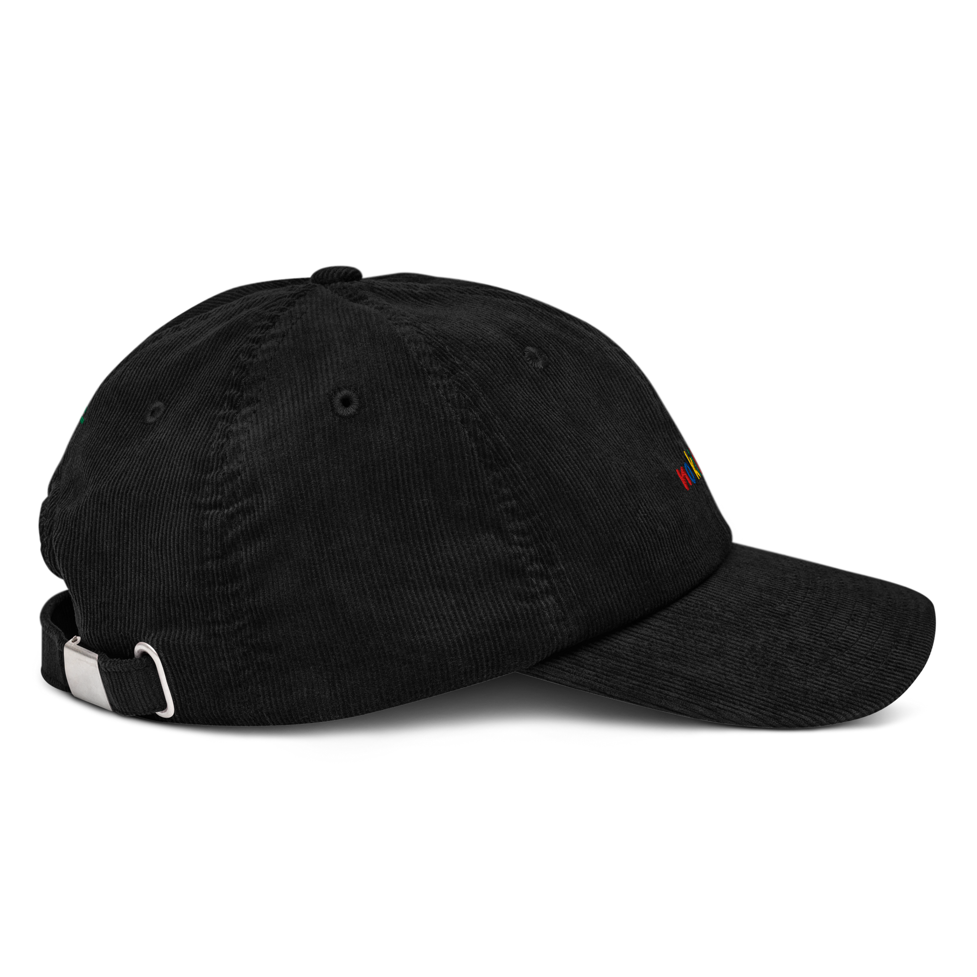 Black corduroy cap, side view right – unstructured crown, corduroy texture