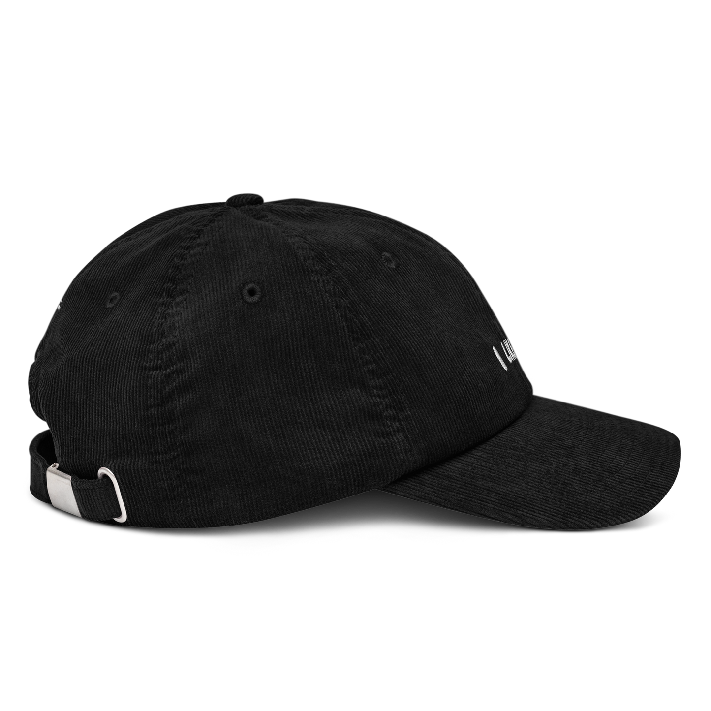 Black corduroy cap, side view right - unstructured crown, corduroy texture