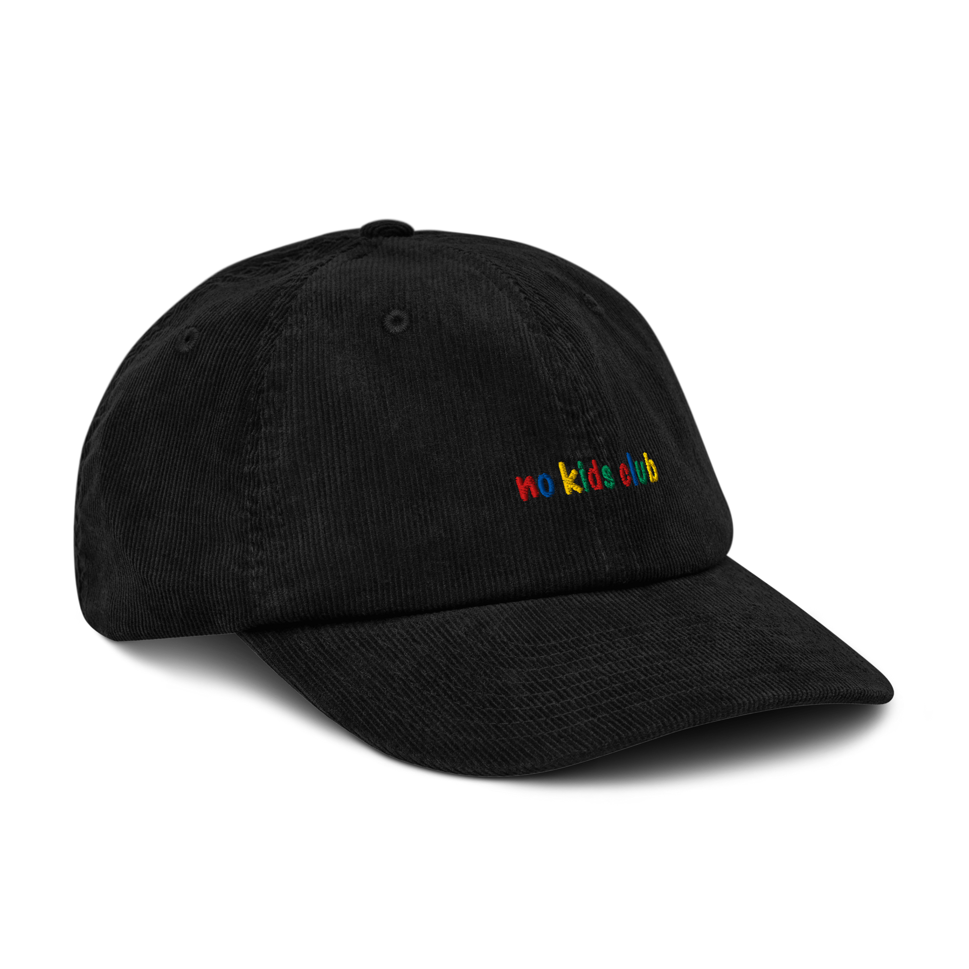 Black corduroy cap, three-quarter front view – no kids club embroidery detail