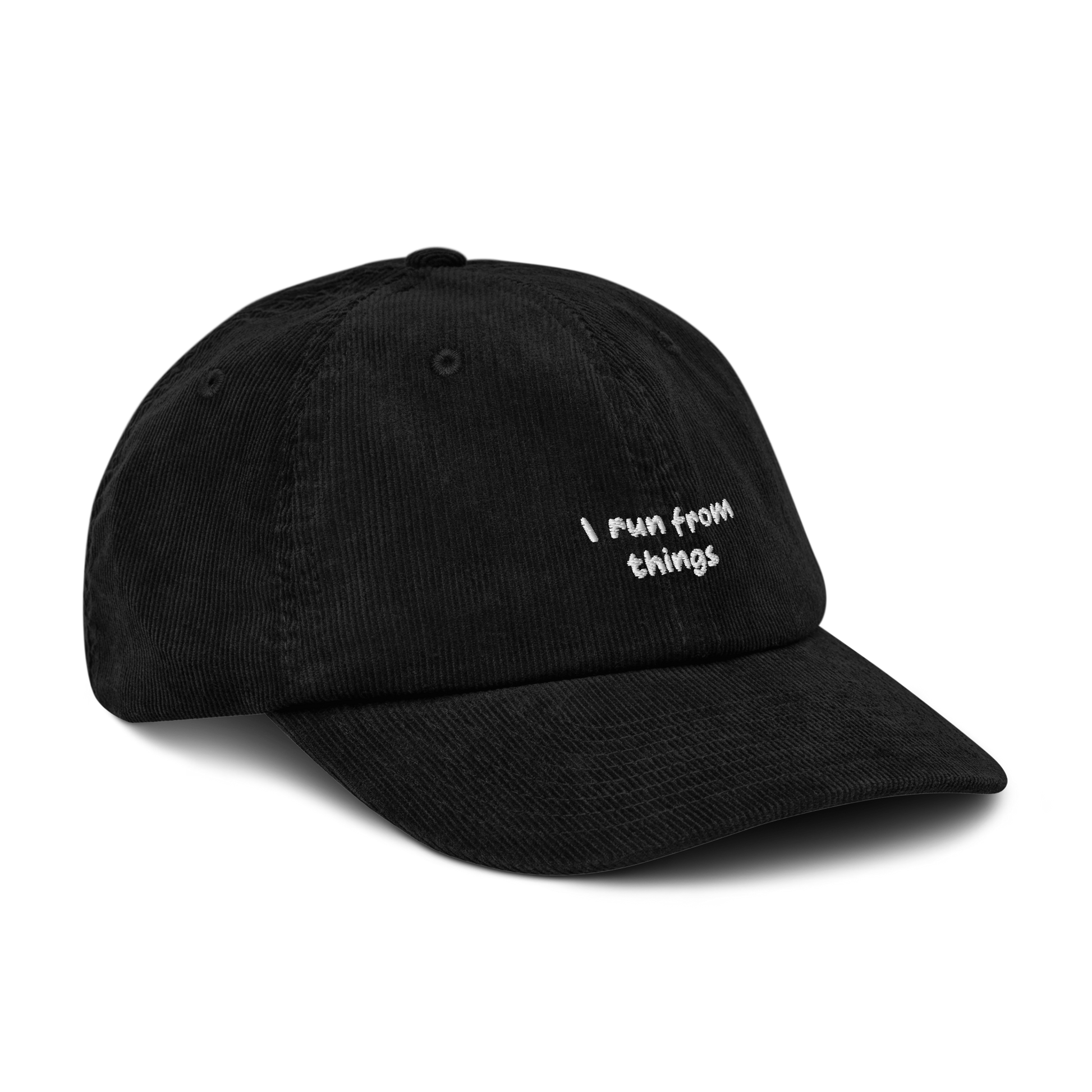 Black corduroy cap, three-quarter front view - "I run from things" embroidery detail