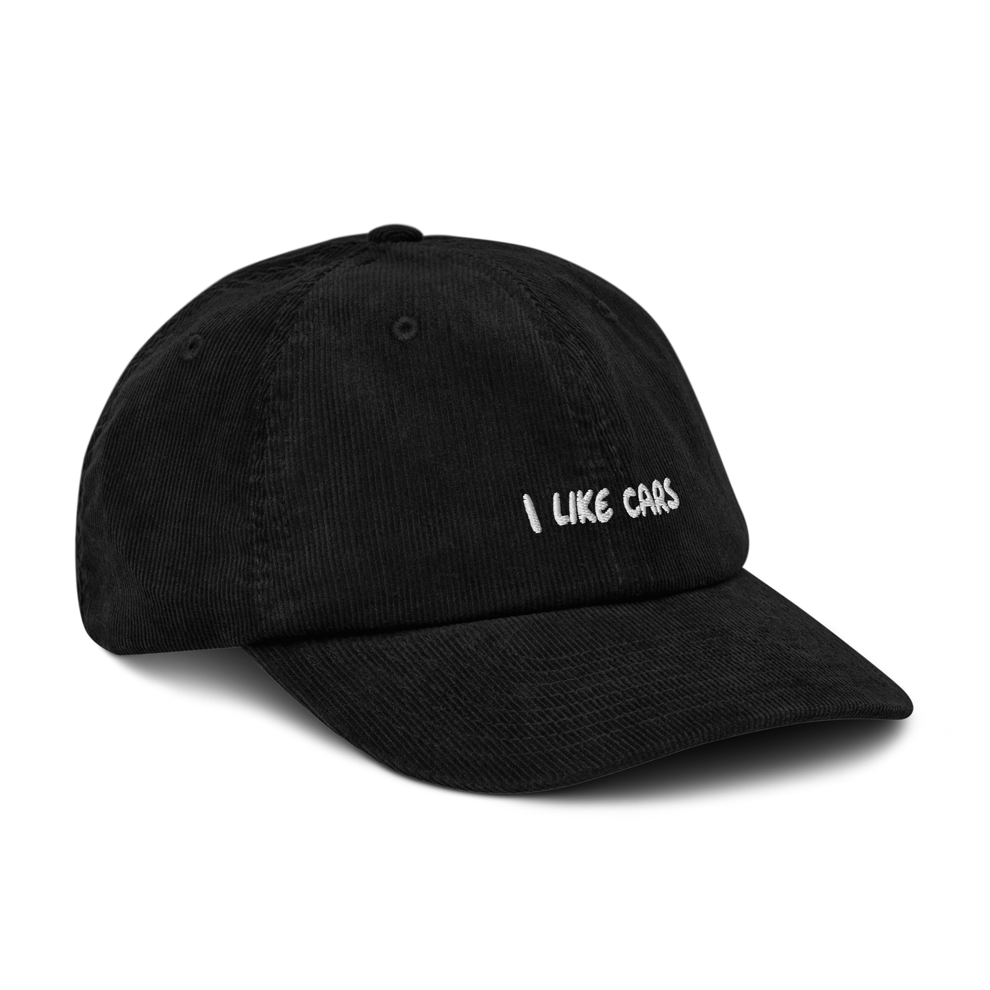 Black corduroy cap, three-quarter front view - "I like cars" embroidery detail