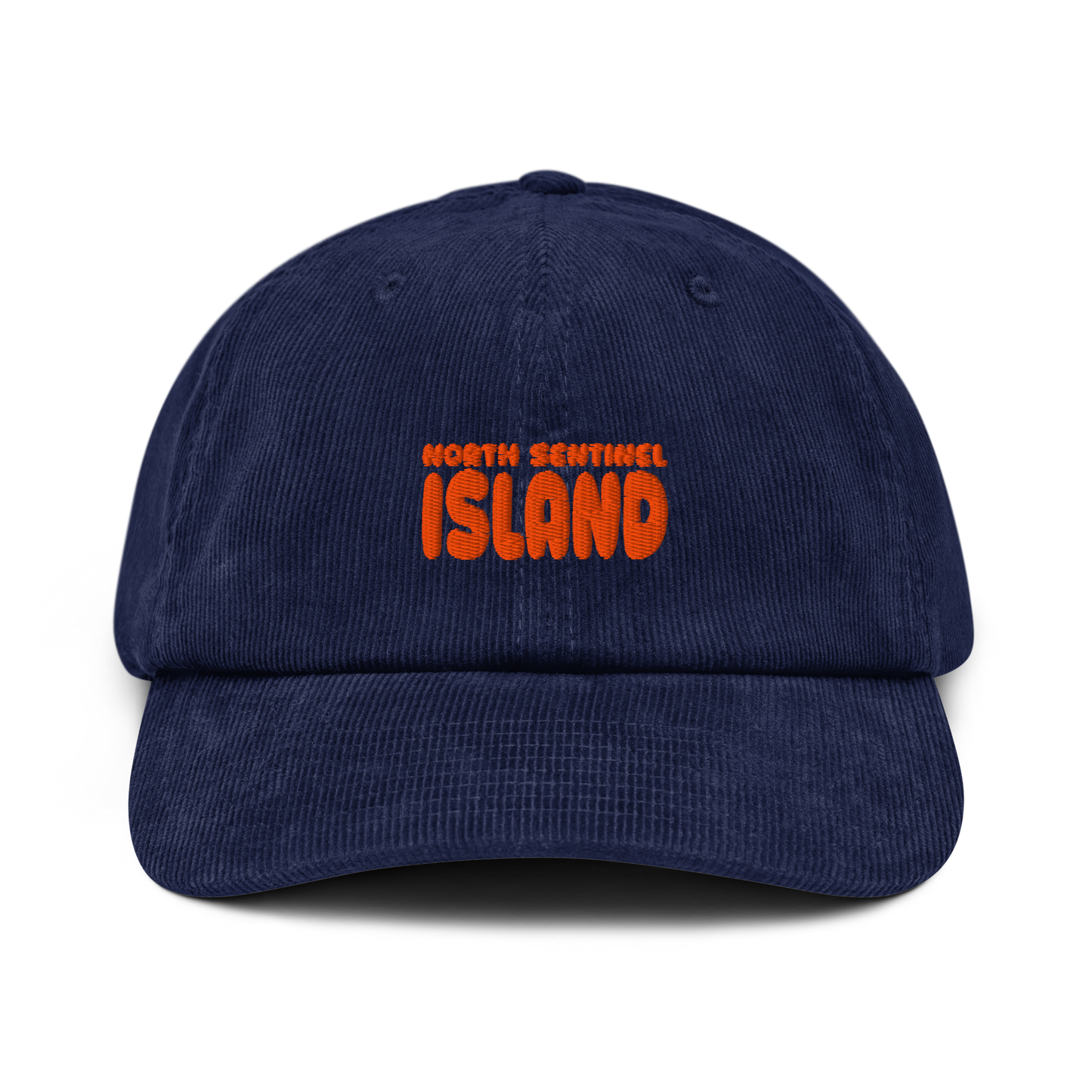 oddjuice north sentinel cap – navy corduroy 6-panel dad cap with orange "NORTH SENTINEL ISLAND" embroidery on front, front view