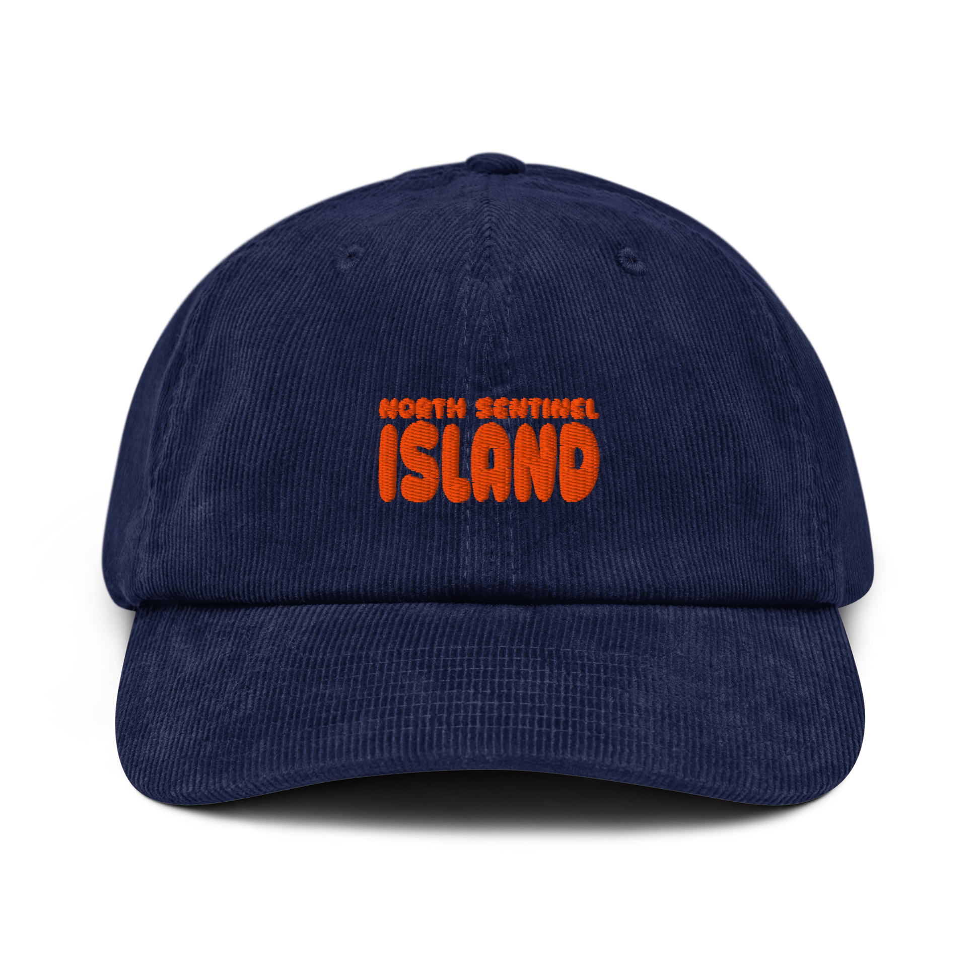 oddjuice north sentinel cap – navy corduroy 6-panel dad cap with orange "NORTH SENTINEL ISLAND" embroidery on front, front view