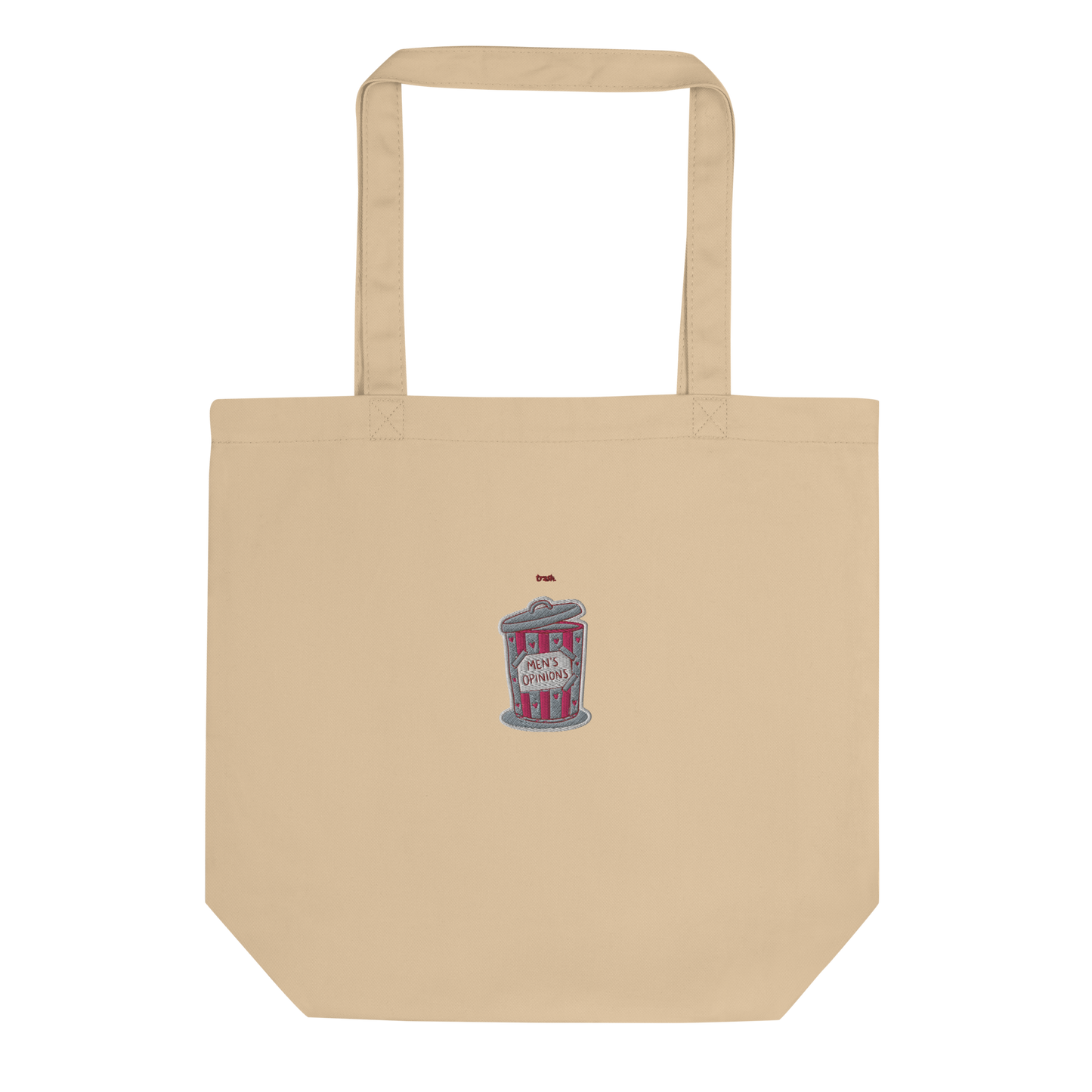 oddjuice trash bag – natural beige organic cotton tote bag with small pink trash can "mens opinions" embroidery on front, full view