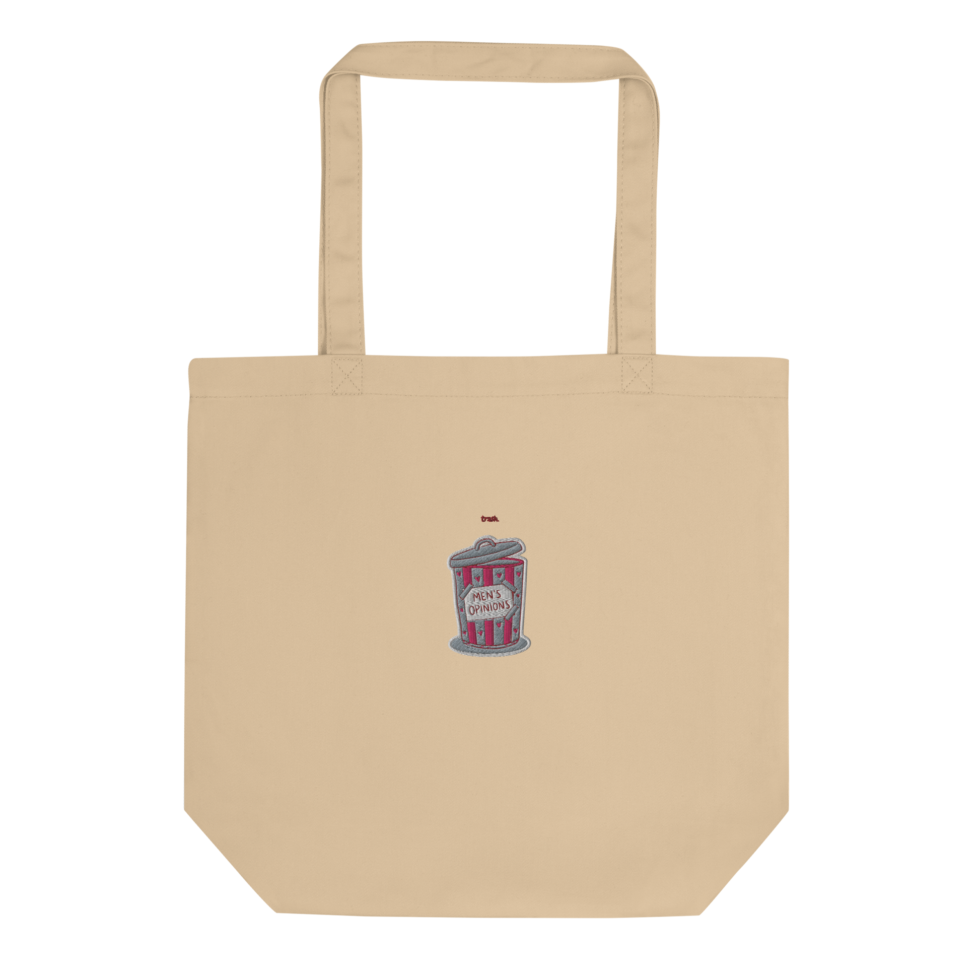 oddjuice trash bag – natural beige organic cotton tote bag with small pink trash can "mens opinions" embroidery on front, full view