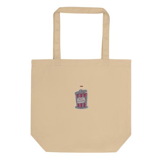 oddjuice trash bag – natural beige organic cotton tote bag with small pink trash can "mens opinions" embroidery on front, full view