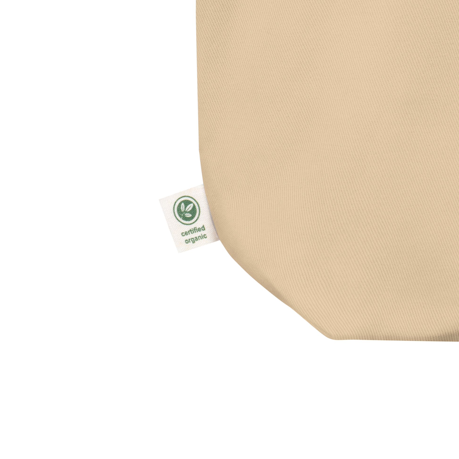 oddjuice trash bag – natural beige organic cotton tote bag showing "certified organic" lable, detail view