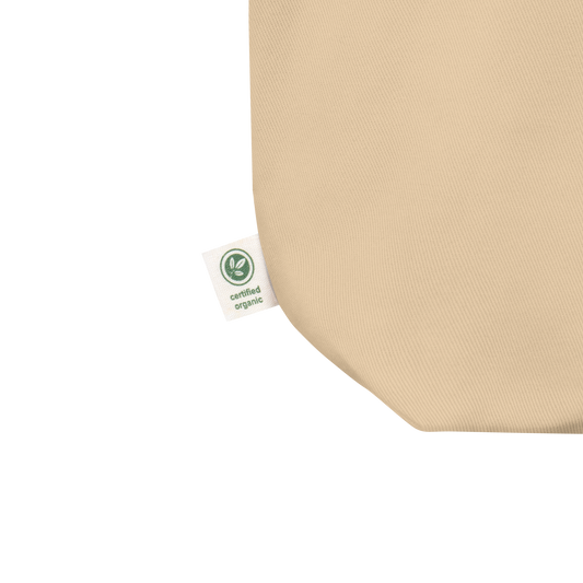 oddjuice trash bag – natural beige organic cotton tote bag showing "certified organic" lable, detail view