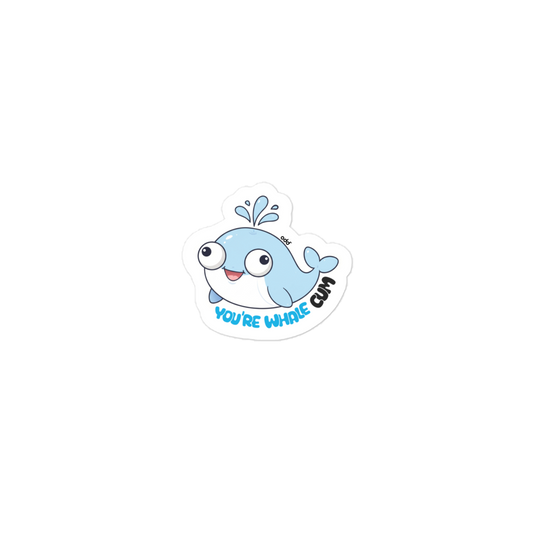 oddjuice whale sticker – kiss-cut vinyl sticker showing cute cartoon whale character, full view, small