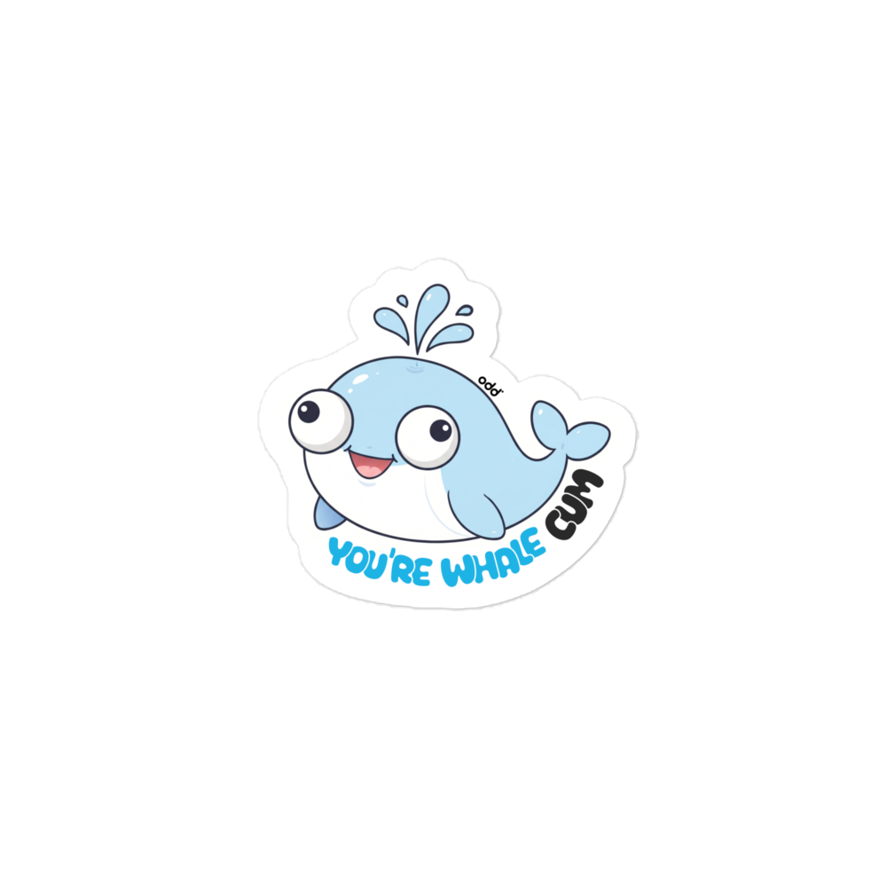 oddjuice whale sticker – kiss-cut vinyl sticker showing cute cartoon whale character, full view, medium