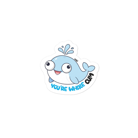 oddjuice whale sticker – kiss-cut vinyl sticker showing cute cartoon whale character, full view, medium
