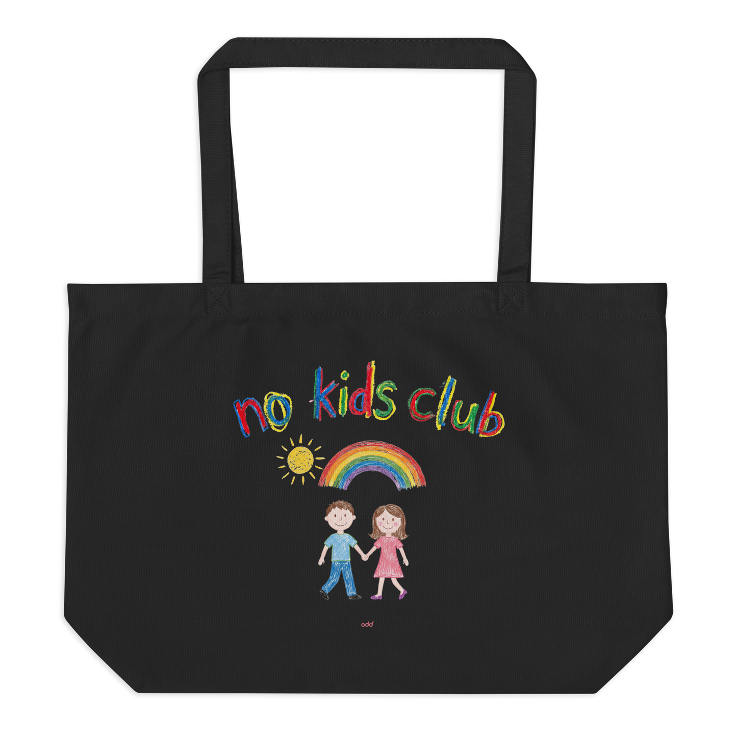 Black large tote bag, back view – kids figure print detail