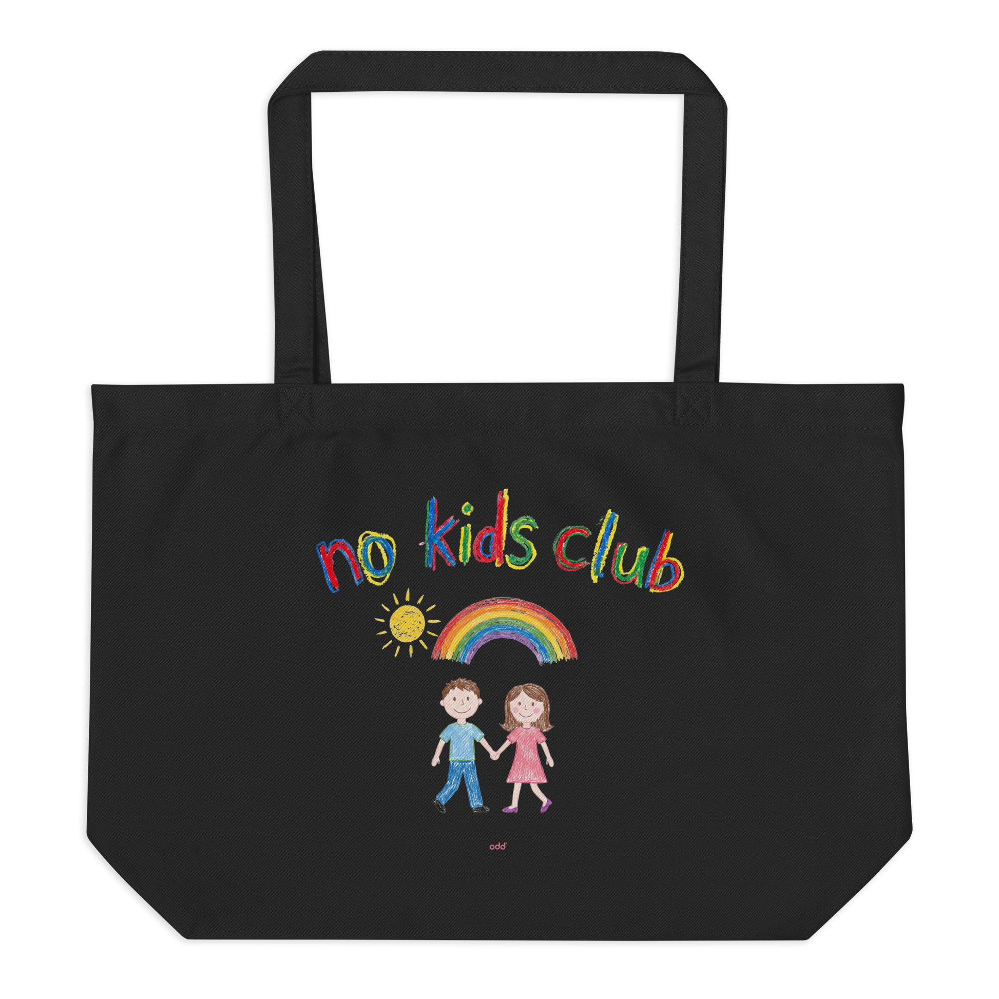 Black large tote bag, back view – kids figure print detail