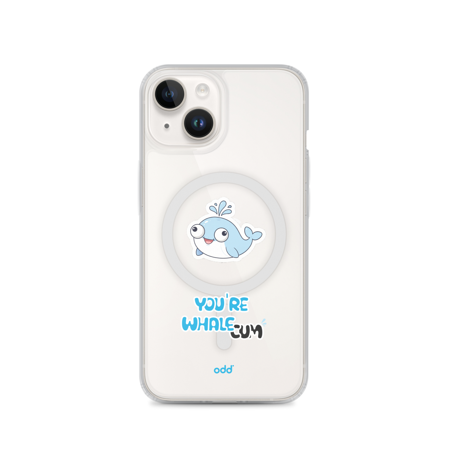 oddjuice clear whale case – MagSafe iPhone case with you`re whalecum whale graphic on back, black iPhone back view, iPhone 14