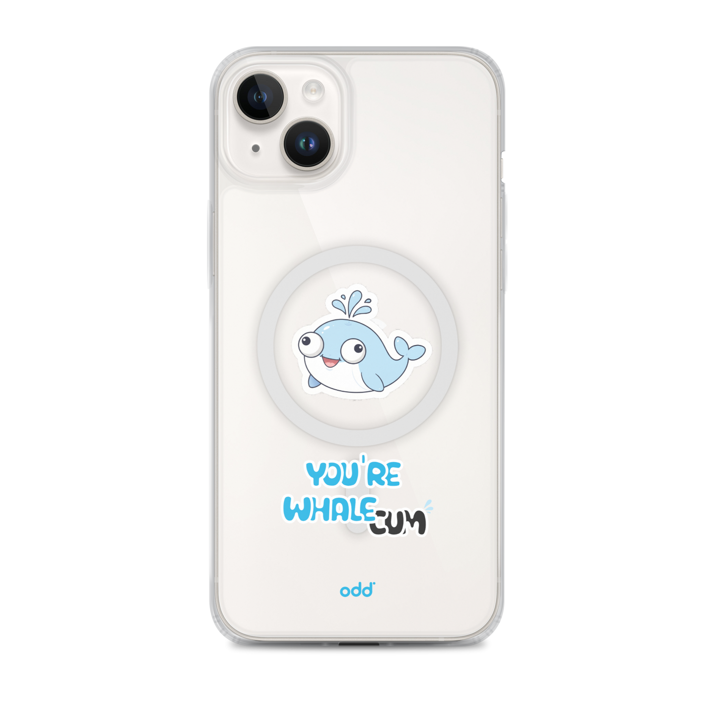 oddjuice clear whale case – MagSafe iPhone case with you`re whalecum whale graphic on back, black iPhone back view, iPhone 14 plus