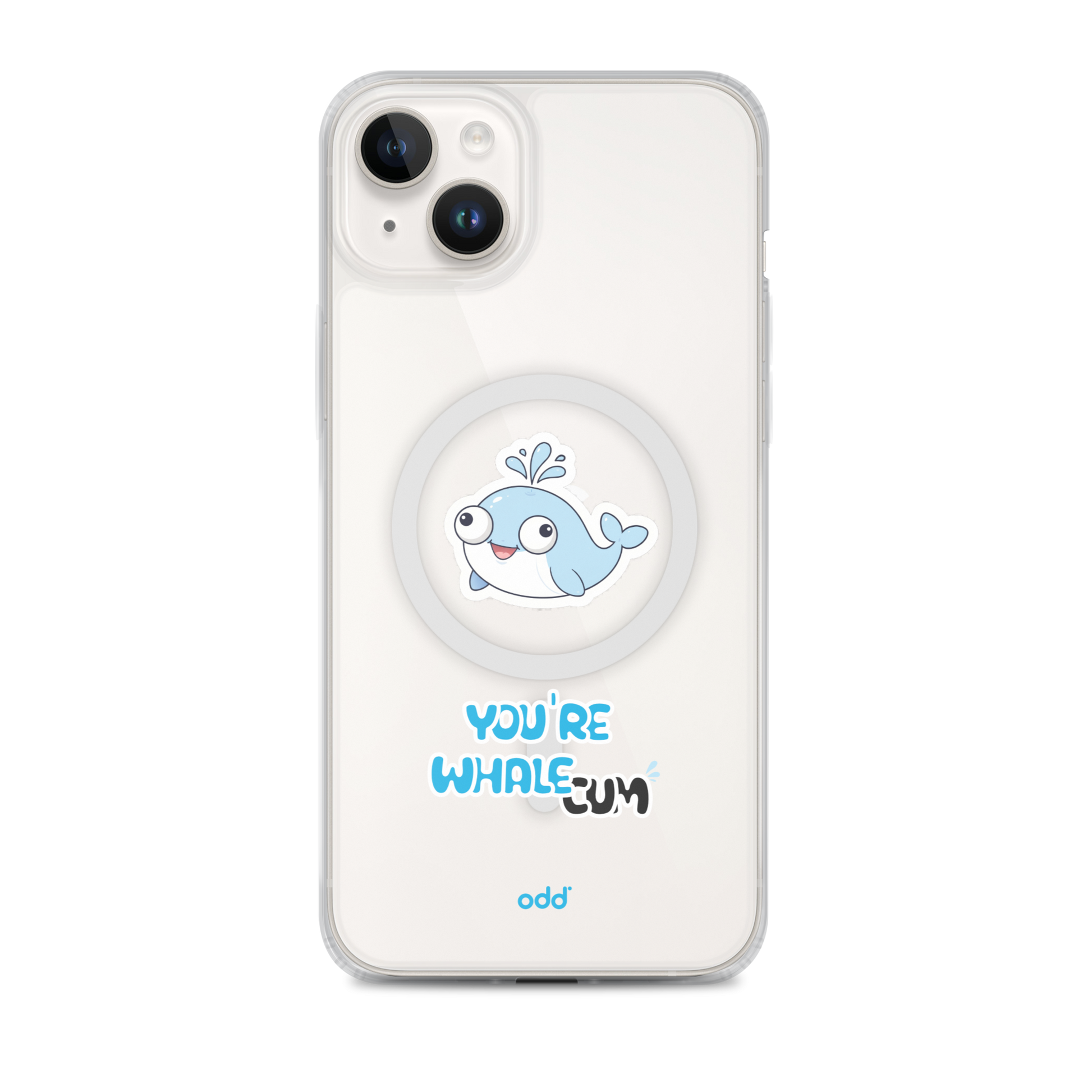 oddjuice clear whale case – MagSafe iPhone case with you`re whalecum whale graphic on back, black iPhone back view, iPhone 14 plus