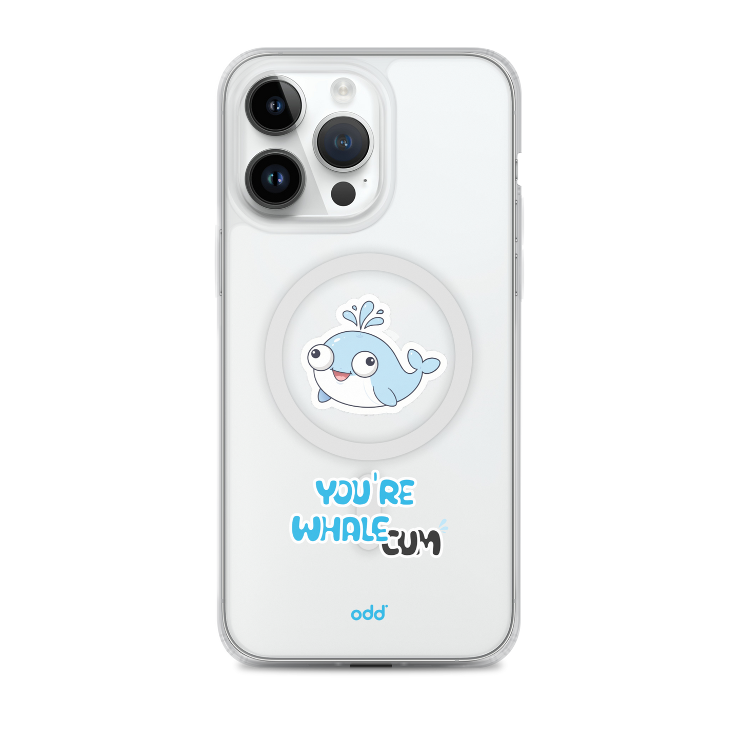 oddjuice clear whale case – MagSafe iPhone case with you`re whalecum whale graphic on back, black iPhone back view, iPhone 14 pro max