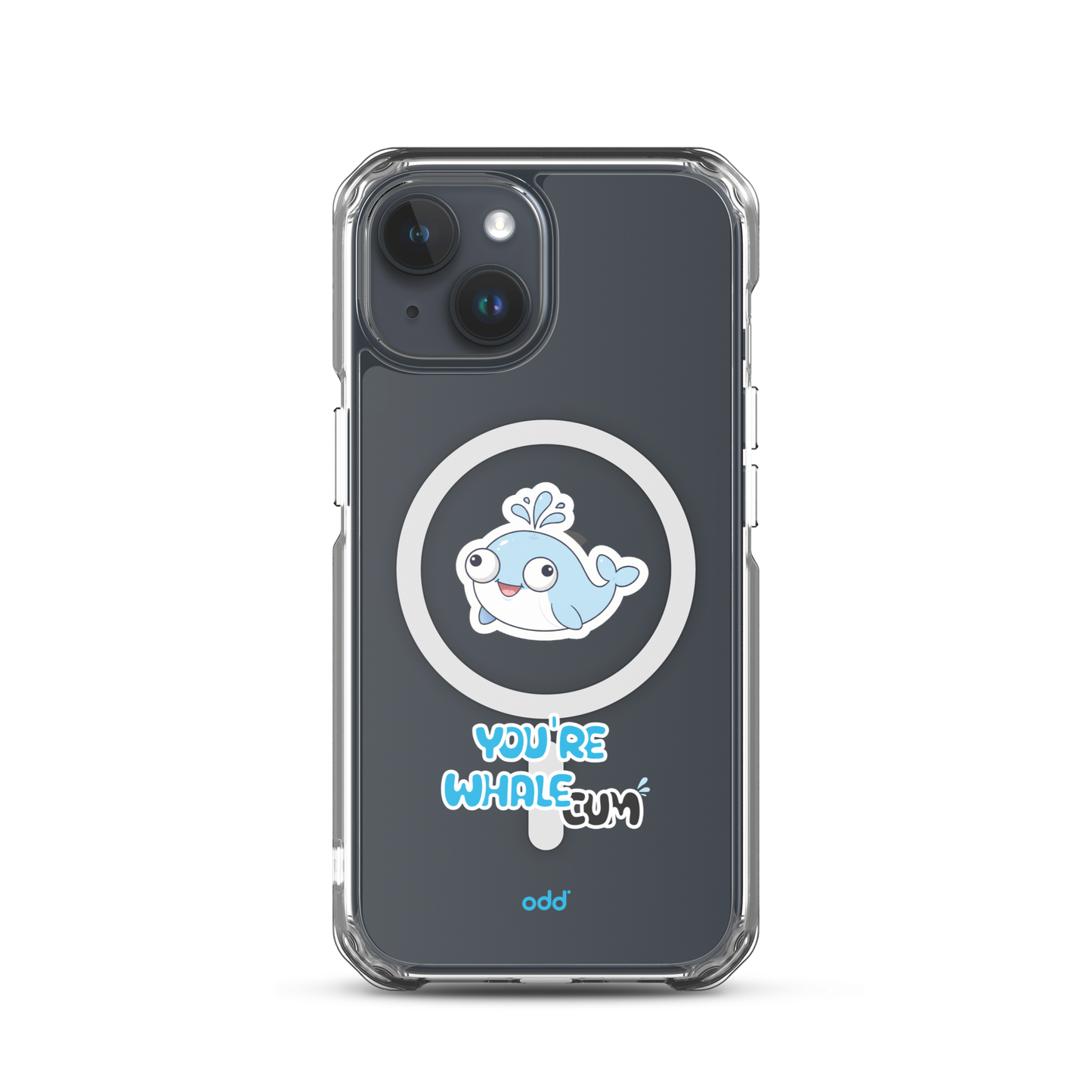 oddjuice clear whale case – MagSafe iPhone case with you`re whalecum whale graphic on back, black iPhone back view, iPhone 15