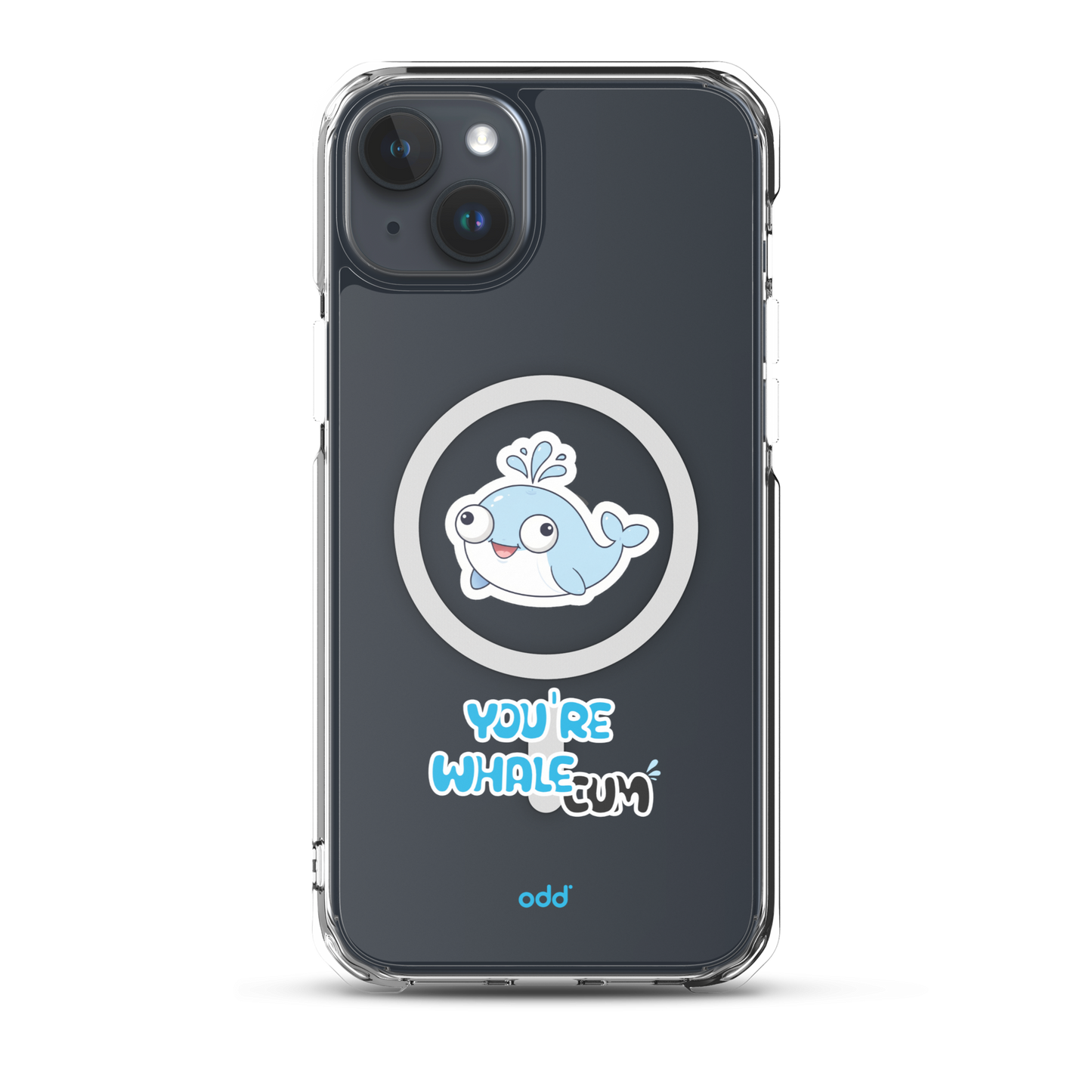 oddjuice clear whale case – MagSafe iPhone case with you`re whalecum whale graphic on back, black iPhone back view, iPhone 15 plus