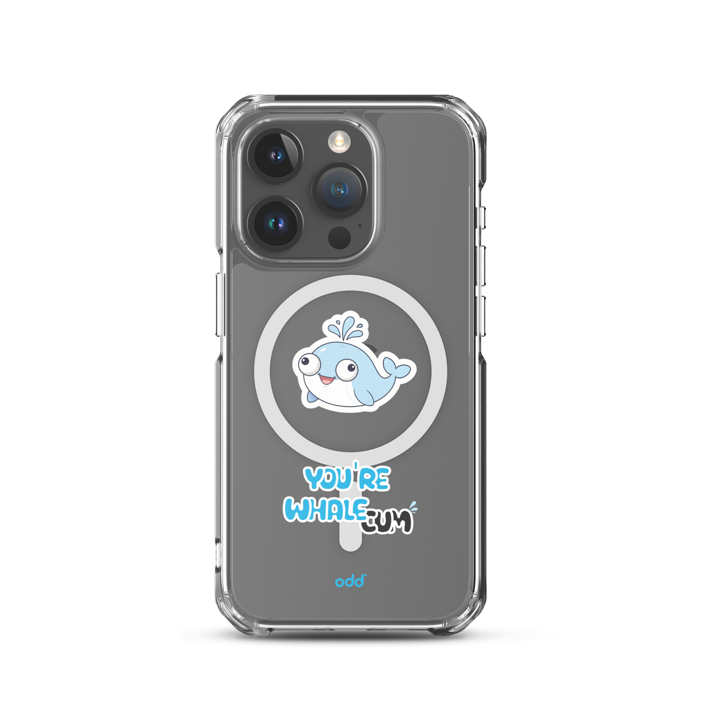 oddjuice clear whale case – MagSafe iPhone case with you`re whalecum whale graphic on back, black iPhone back view, iPhone pro