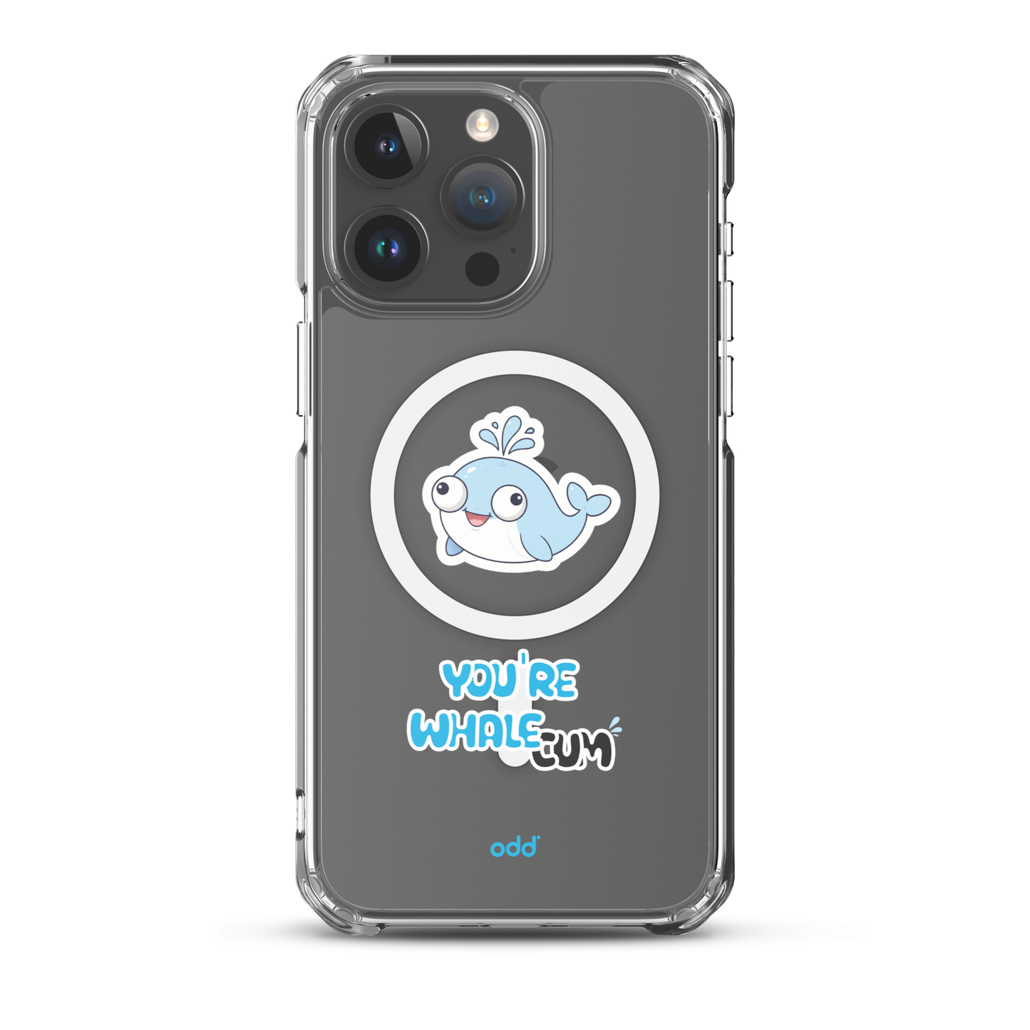 oddjuice clear whale case – MagSafe iPhone case with you`re whalecum whale graphic on back, black iPhone back view, iPhone 15 pro max