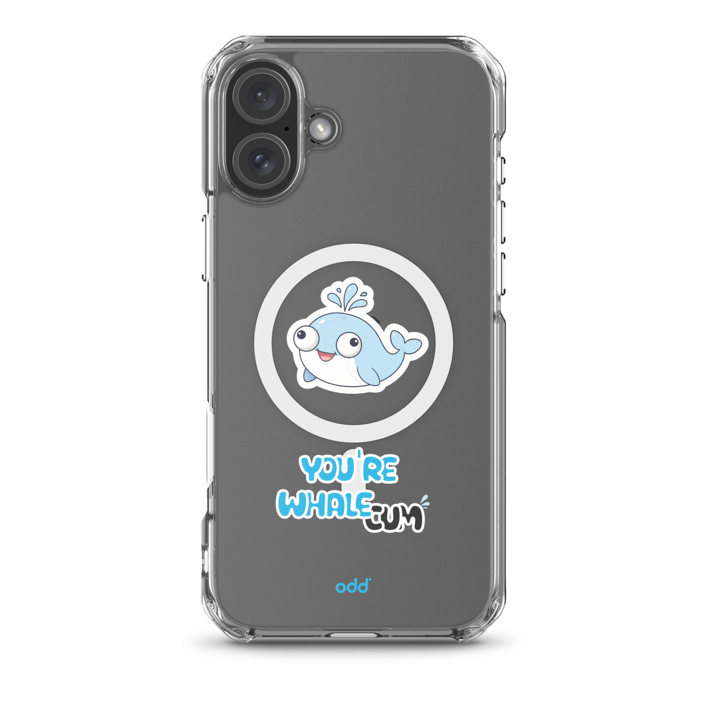 oddjuice clear whale case – MagSafe iPhone case with you`re whalecum whale graphic on back, black iPhone back view, iPhone 16 plus