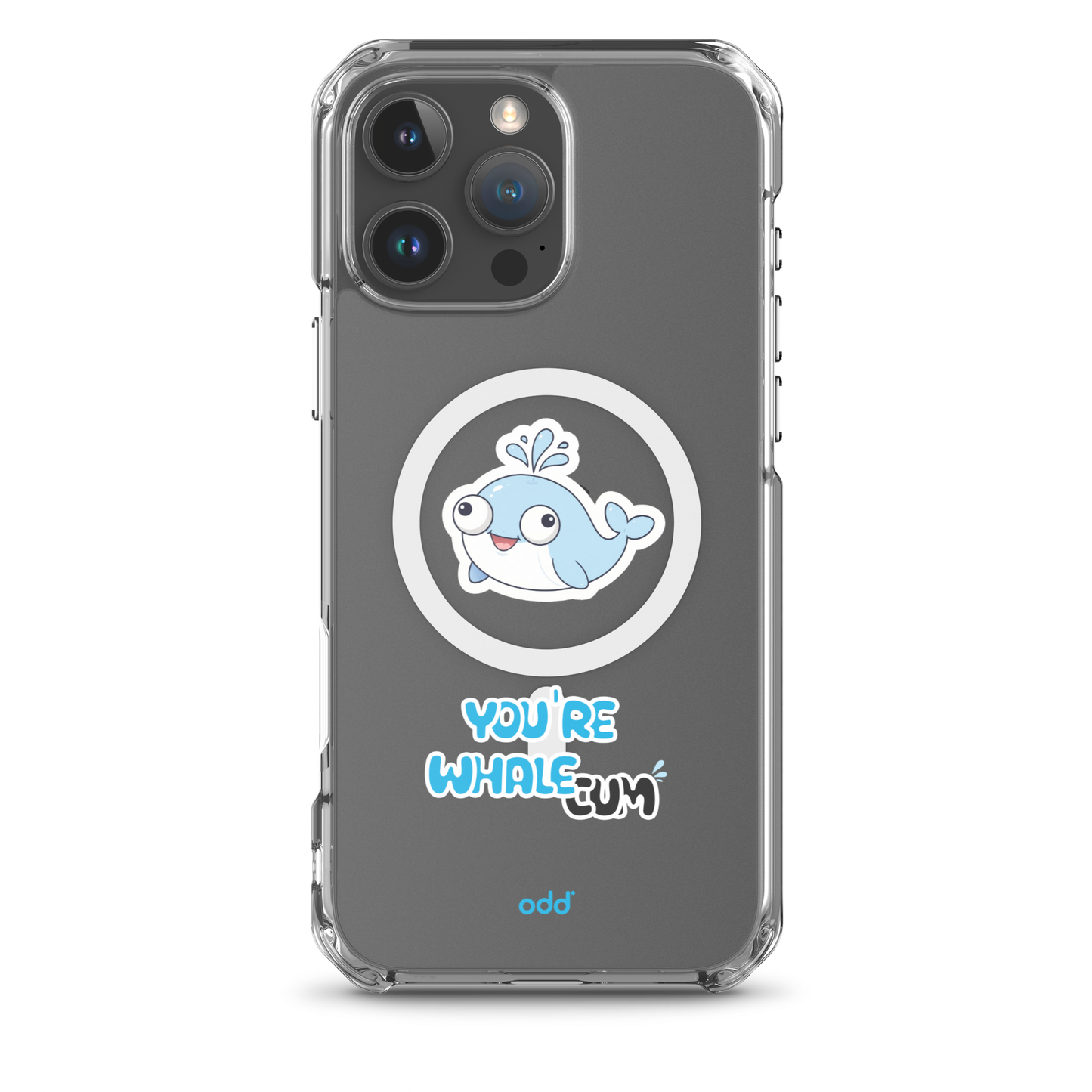 oddjuice clear whale case – MagSafe iPhone case with you`re whalecum whale graphic on back, black iPhone back view, iPhone 16 pro max