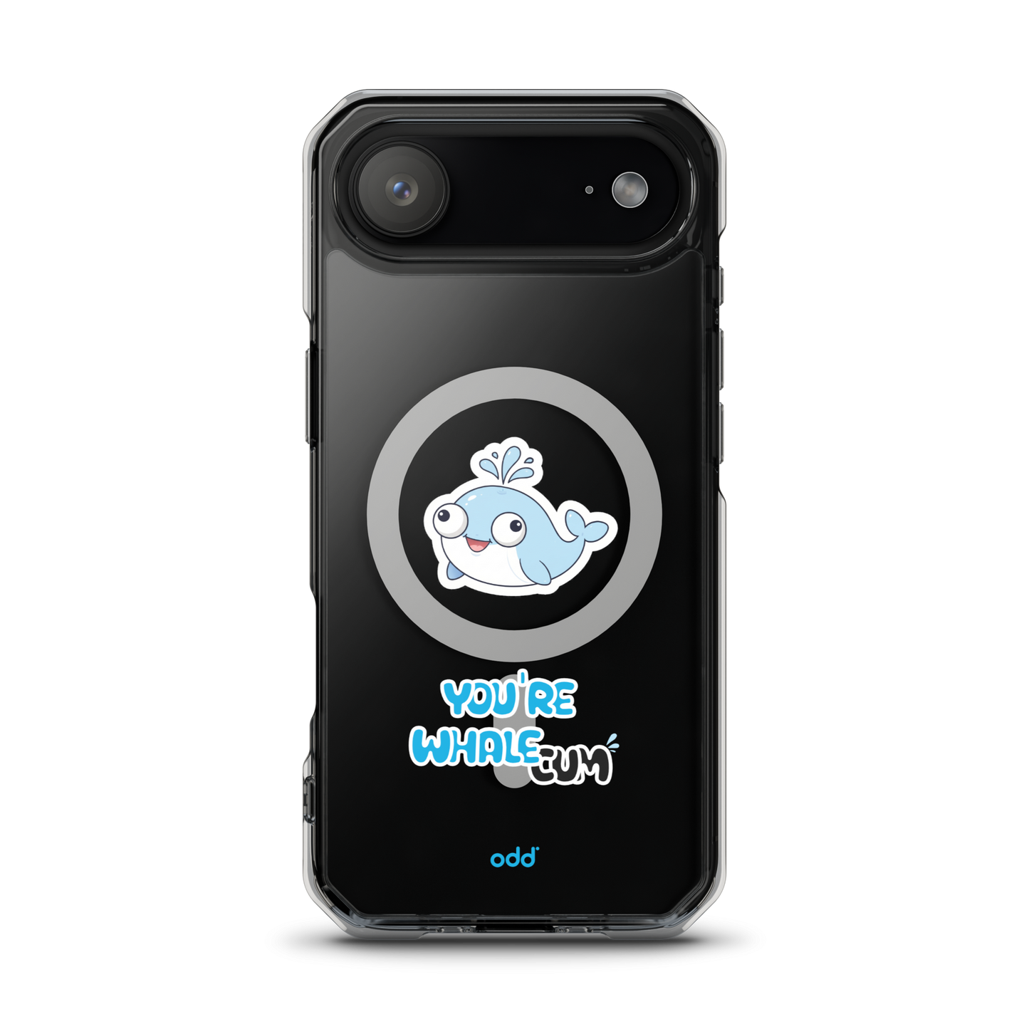 oddjuice clear whale case – MagSafe iPhone case with you`re whalecum whale graphic on back, black iPhone back view, iPhone 17 air