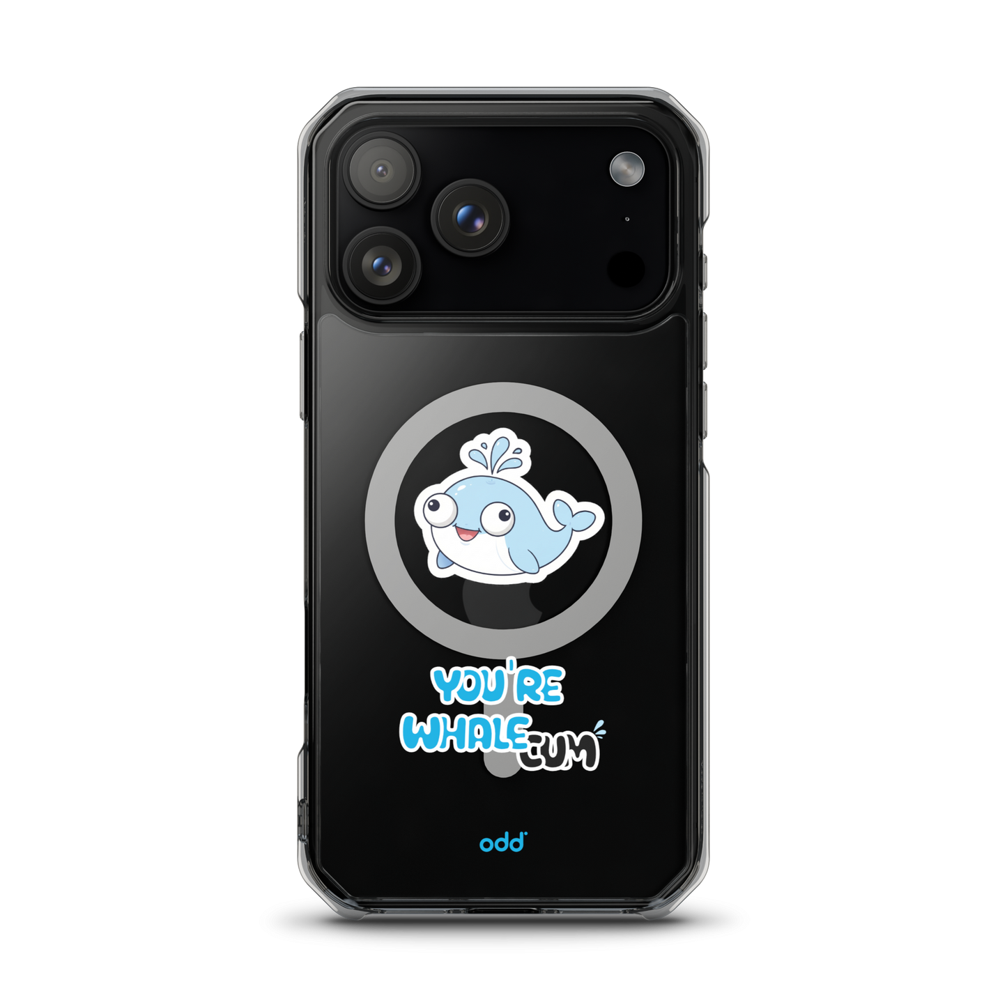oddjuice clear whale case – MagSafe iPhone case with you`re whalecum whale graphic on back, black iPhone back view, iPhone 17 pro max