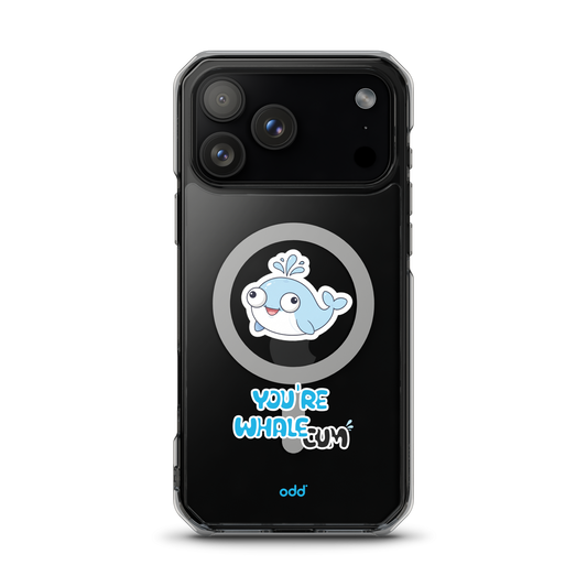 oddjuice clear whale case – MagSafe iPhone case with you`re whalecum whale graphic on back, black iPhone back view, iPhone 17 pro max