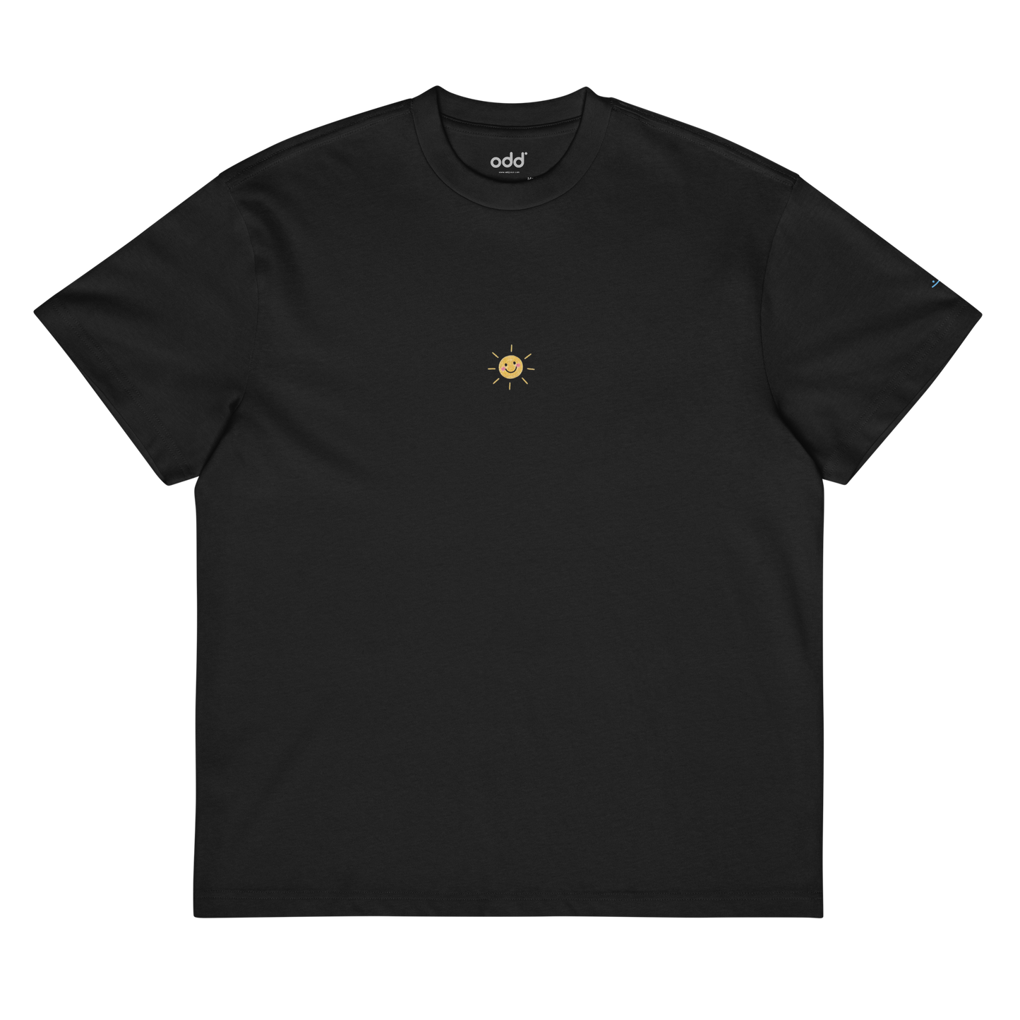 black boxy oversized unisex t-shirt, front view, happy little sun in crayon print