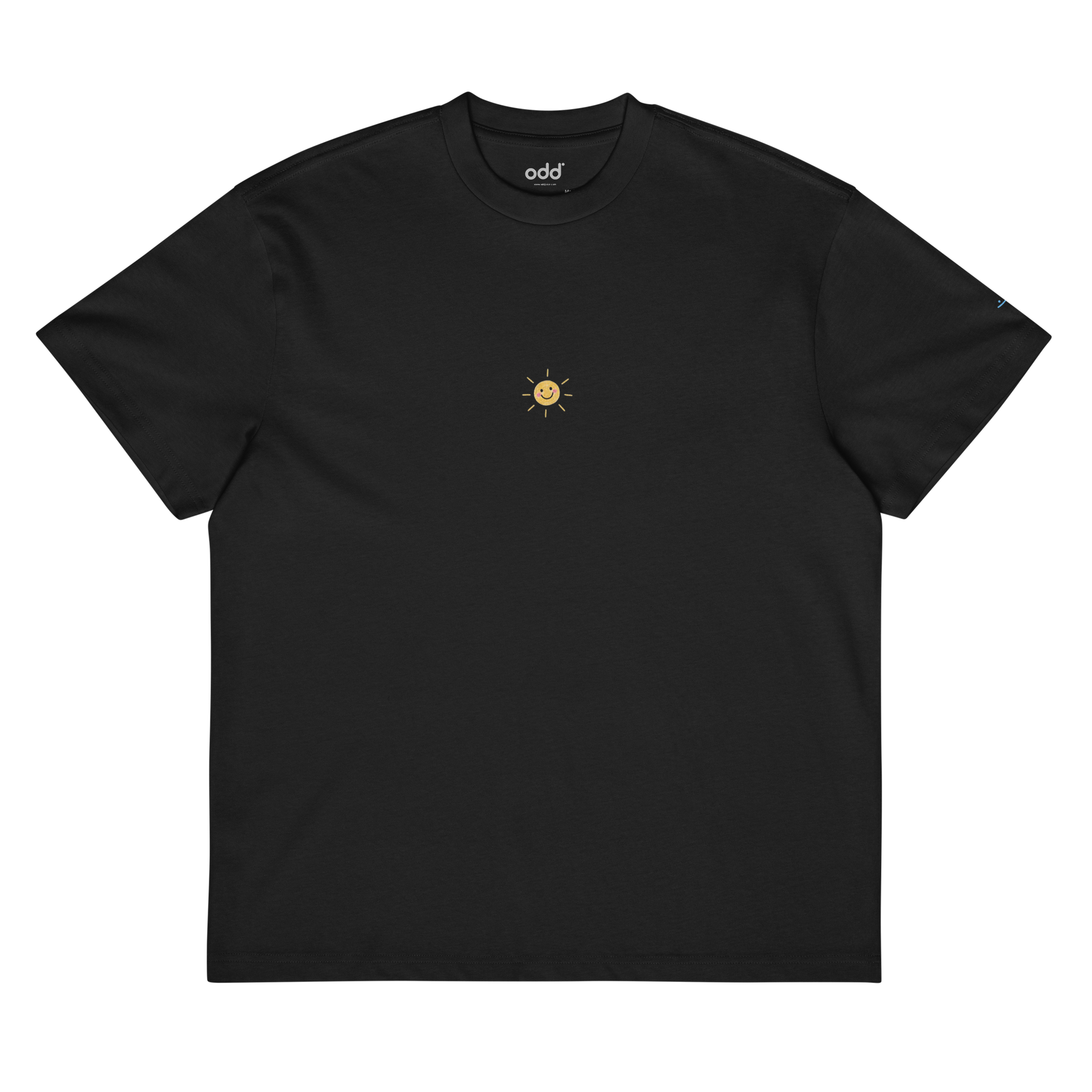 black boxy oversized unisex t-shirt, front view, happy little sun in crayon print