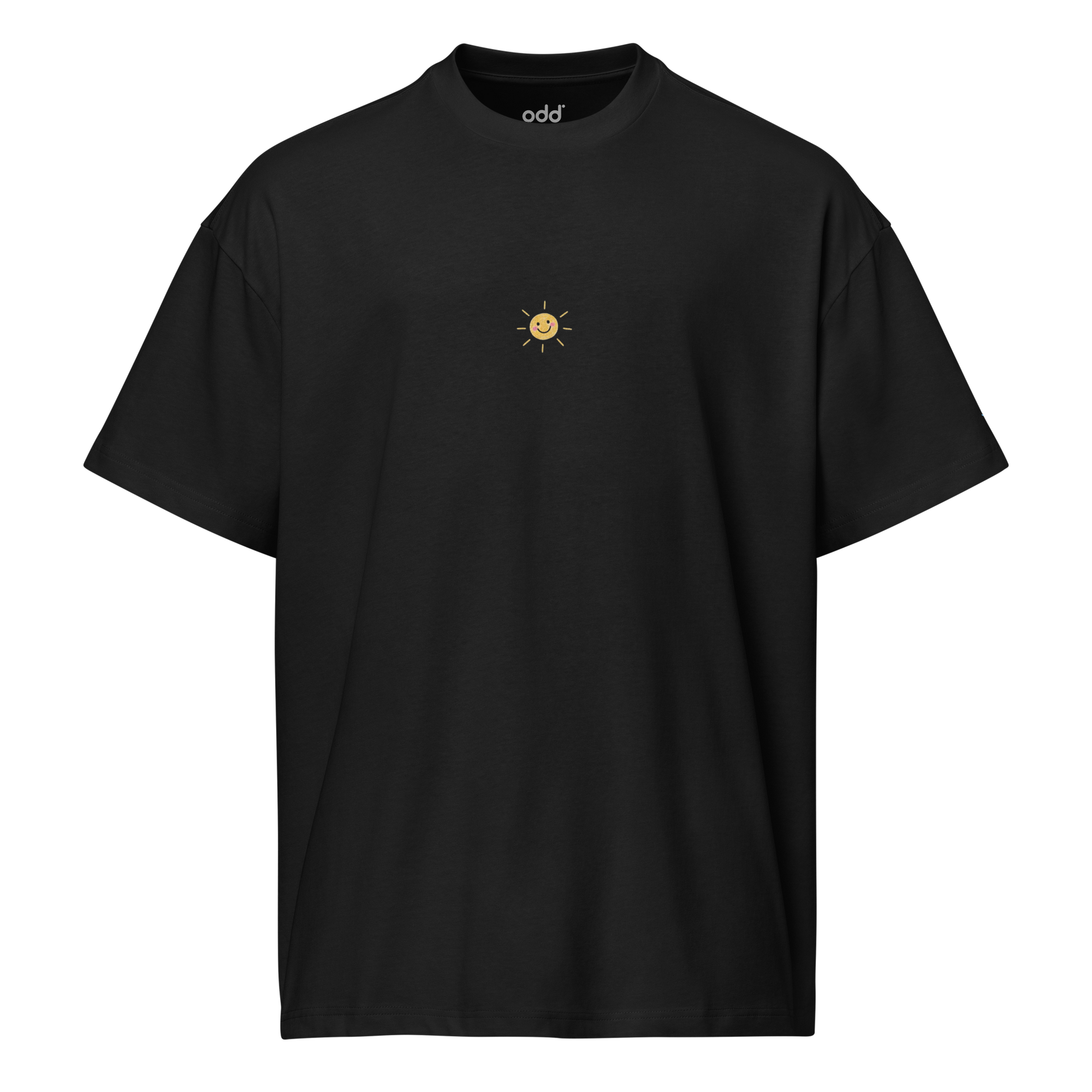 black boxy oversized unisex t-shirt, front view, happy little sun in crayon print