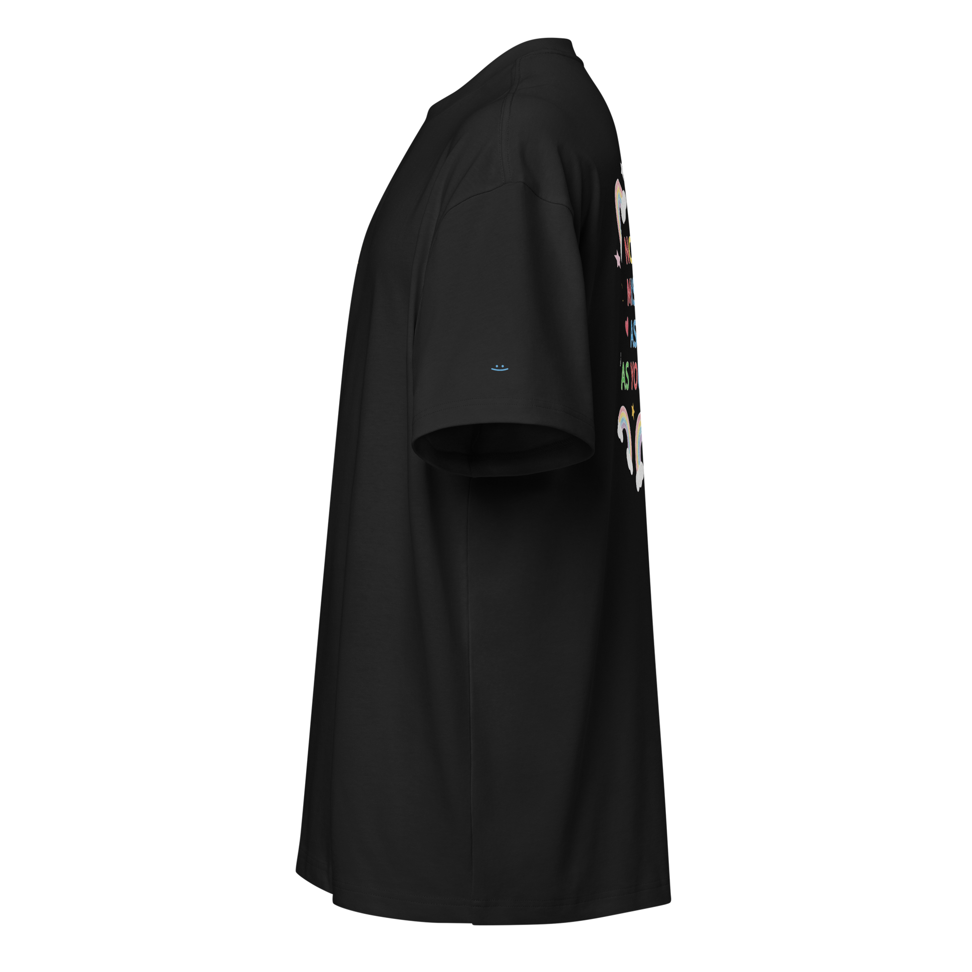 black boxy oversized unisex t-shirt, side view, smiley print on sleeve
