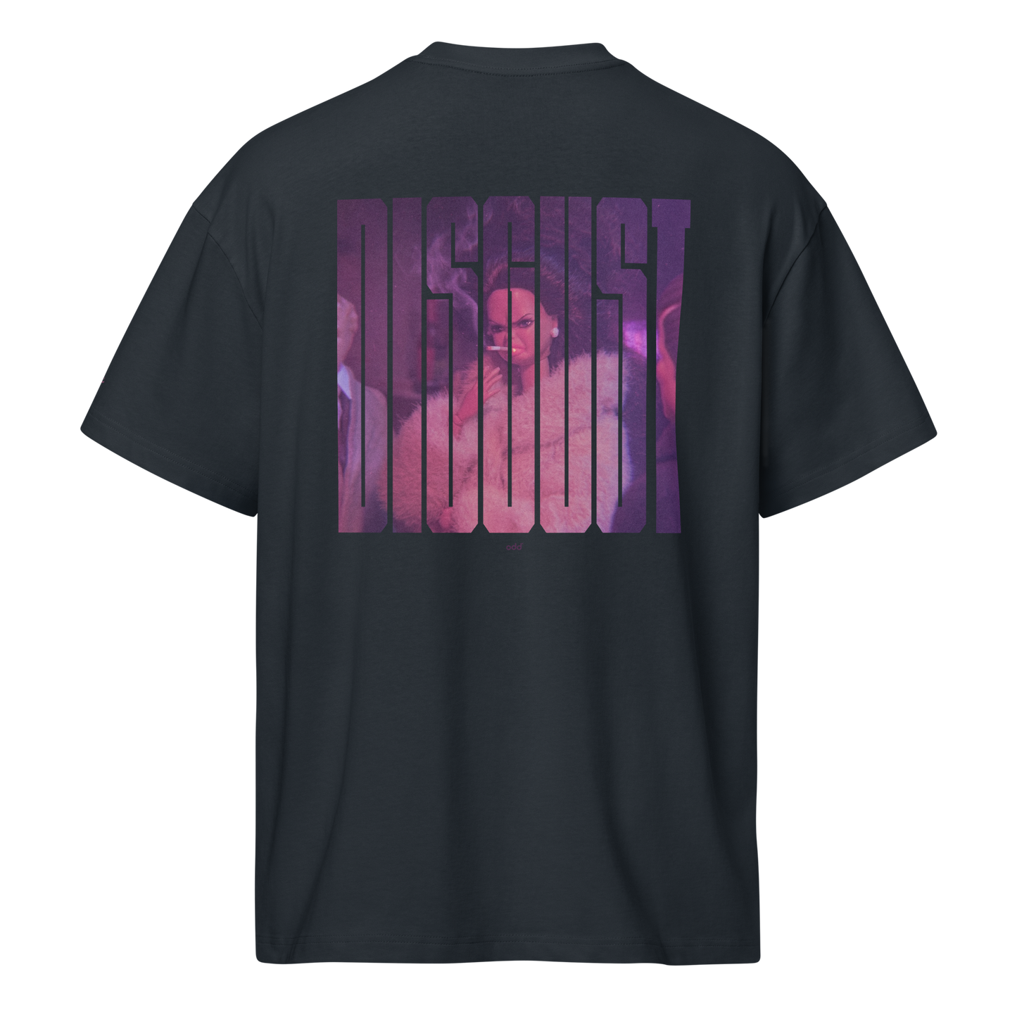 Product mocknavy blue boxy oversized unisex t-shirt, back view, "disgust" with disgusted looking doll printup