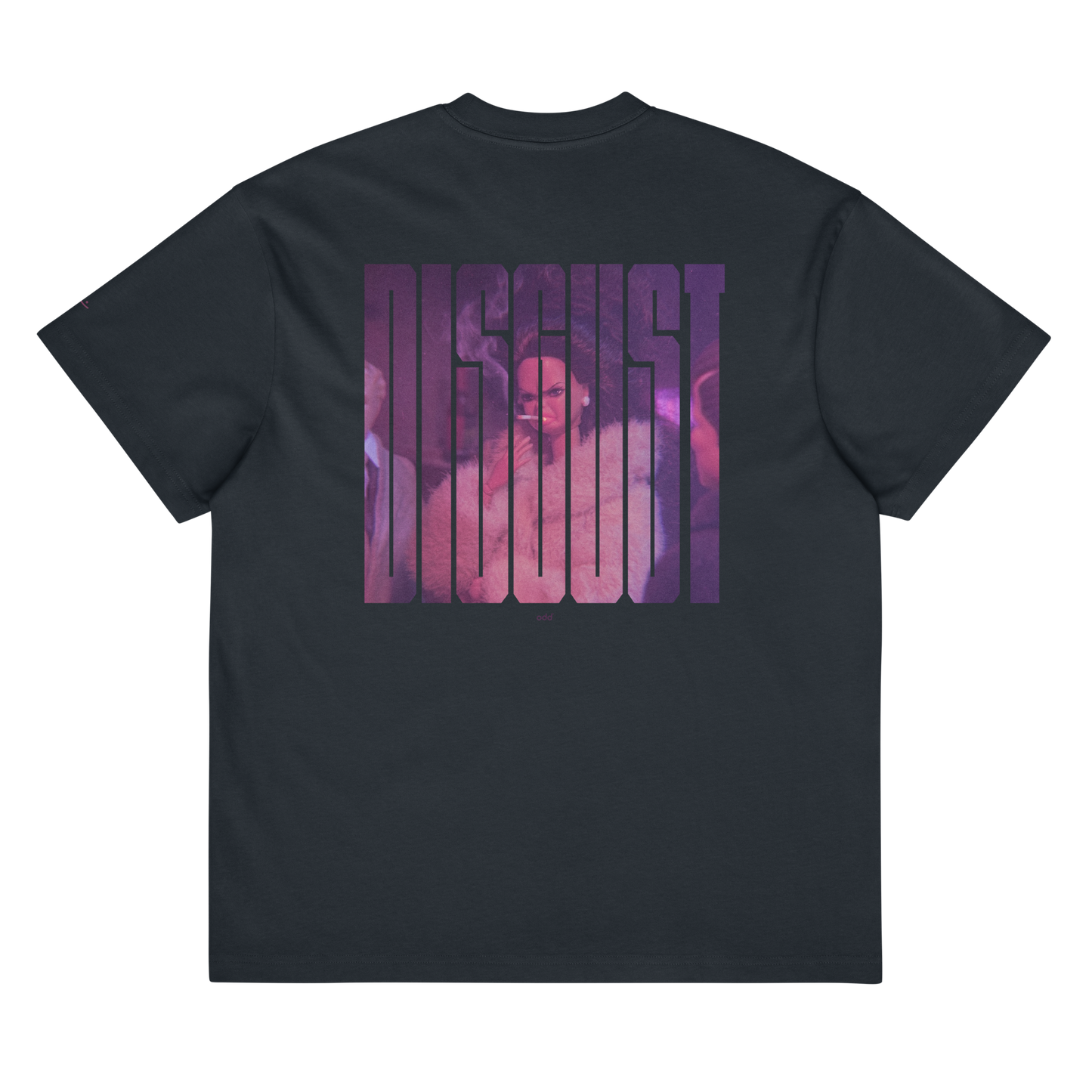 navy blue boxy oversized unisex t-shirt, back view, "disgust" with disgusted looking doll print